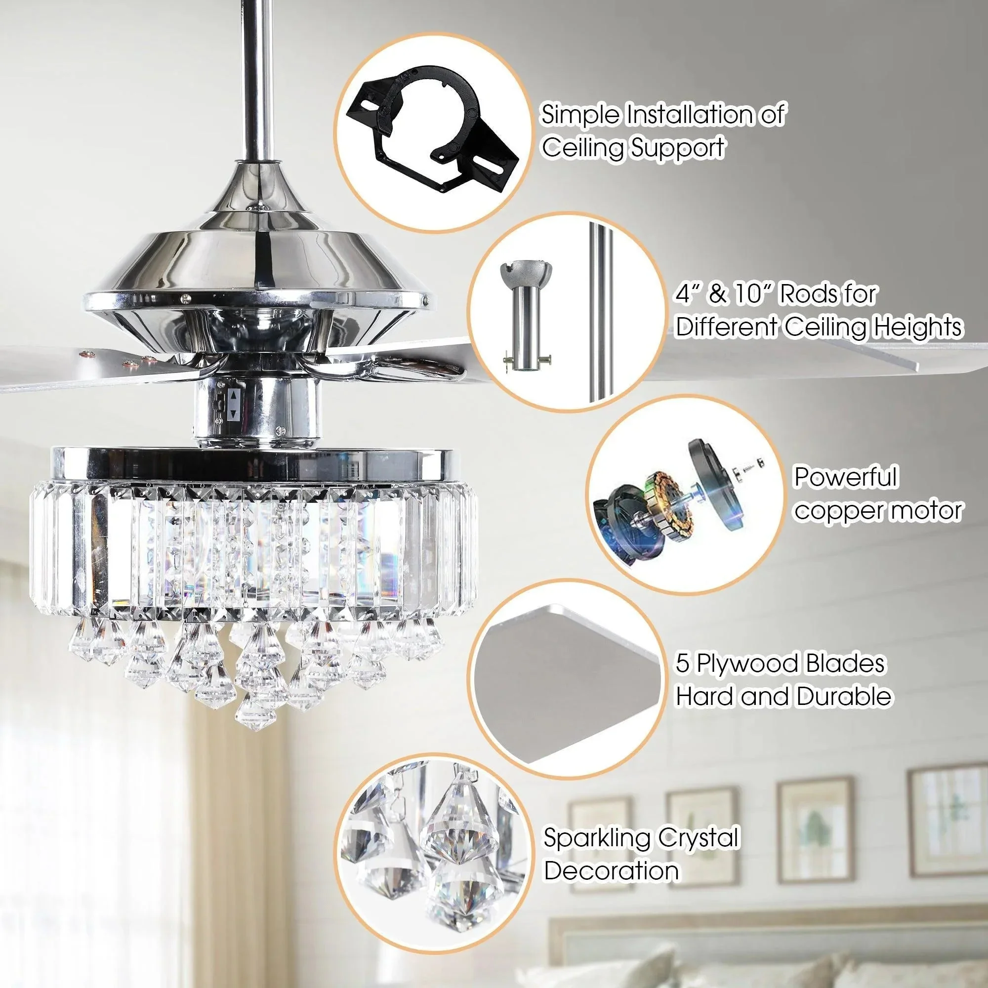 Parrot Uncle 52-Inch Elkton Modern Reversible Crystal Fandelier with Lighting and Remote Control (F6252QQ110V) - Image 8