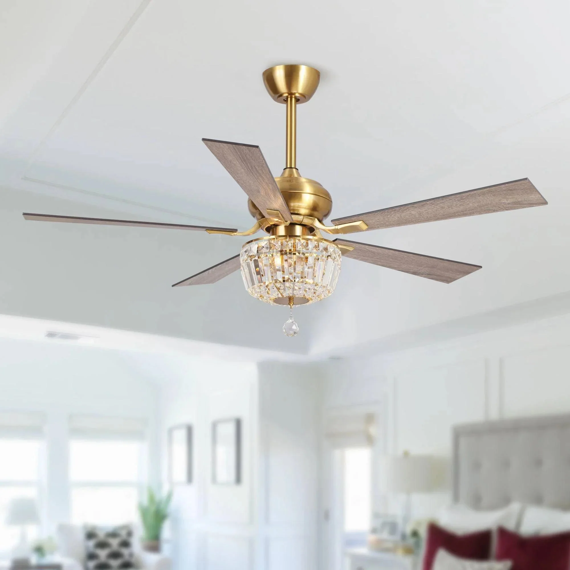 Parrot Uncle 52-Inch Ganga Modern Downrod Mount Reversible Crystal Ceiling Fan with Lighting and Remote Control - Image 4