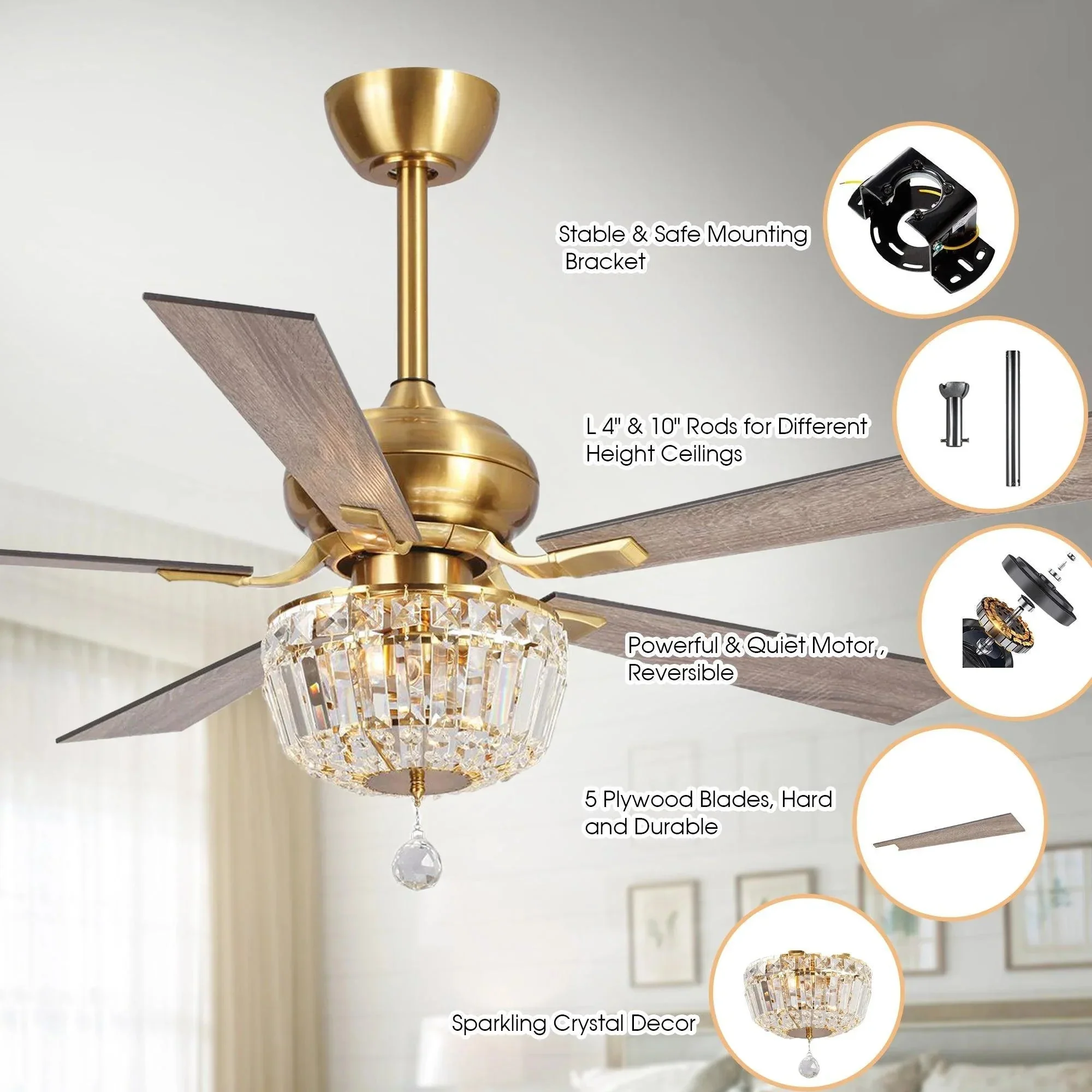 Parrot Uncle 52-Inch Ganga Modern Downrod Mount Reversible Crystal Ceiling Fan with Lighting and Remote Control - Image 5