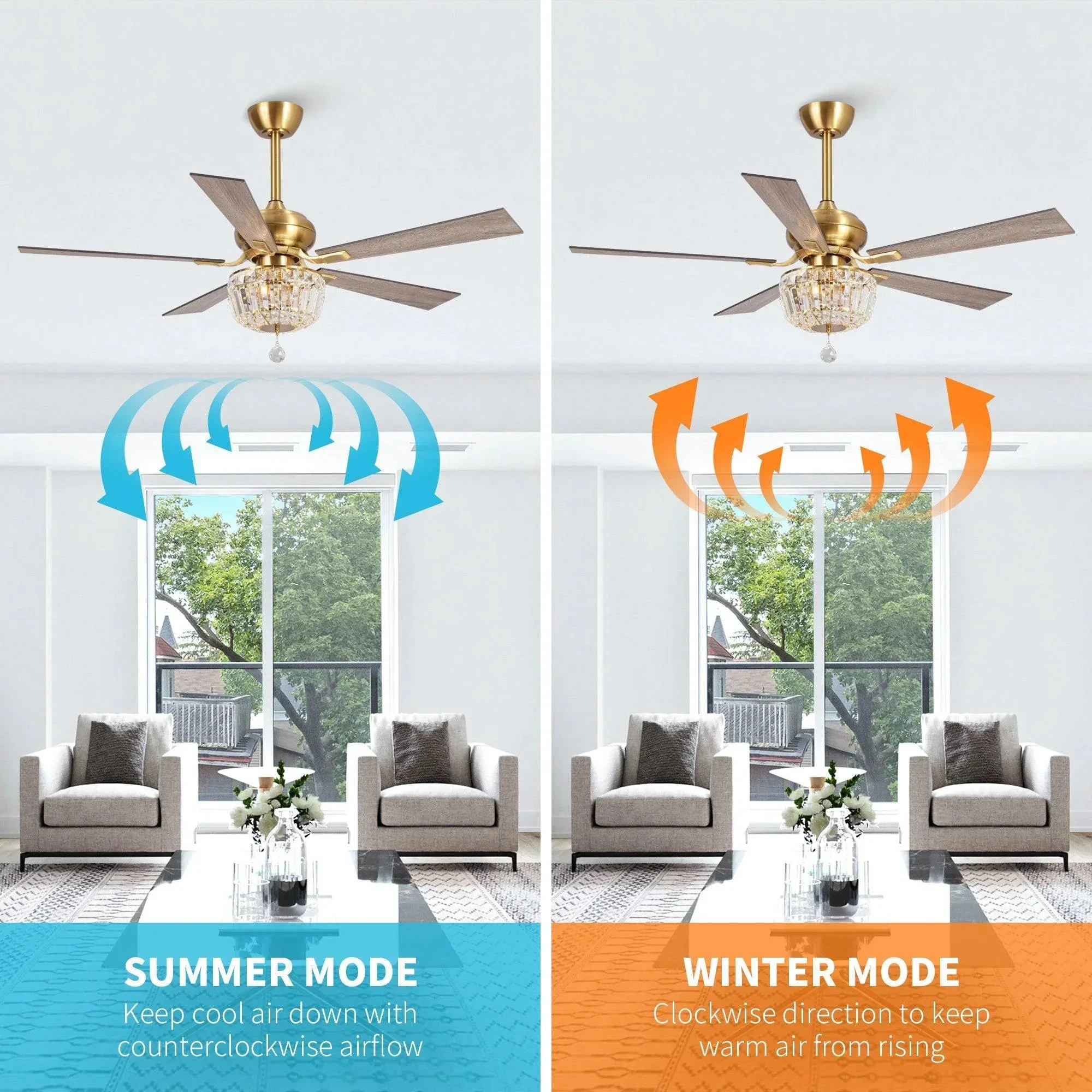 Parrot Uncle 52-Inch Ganga Modern Downrod Mount Reversible Crystal Ceiling Fan with Lighting and Remote Control - Image 6