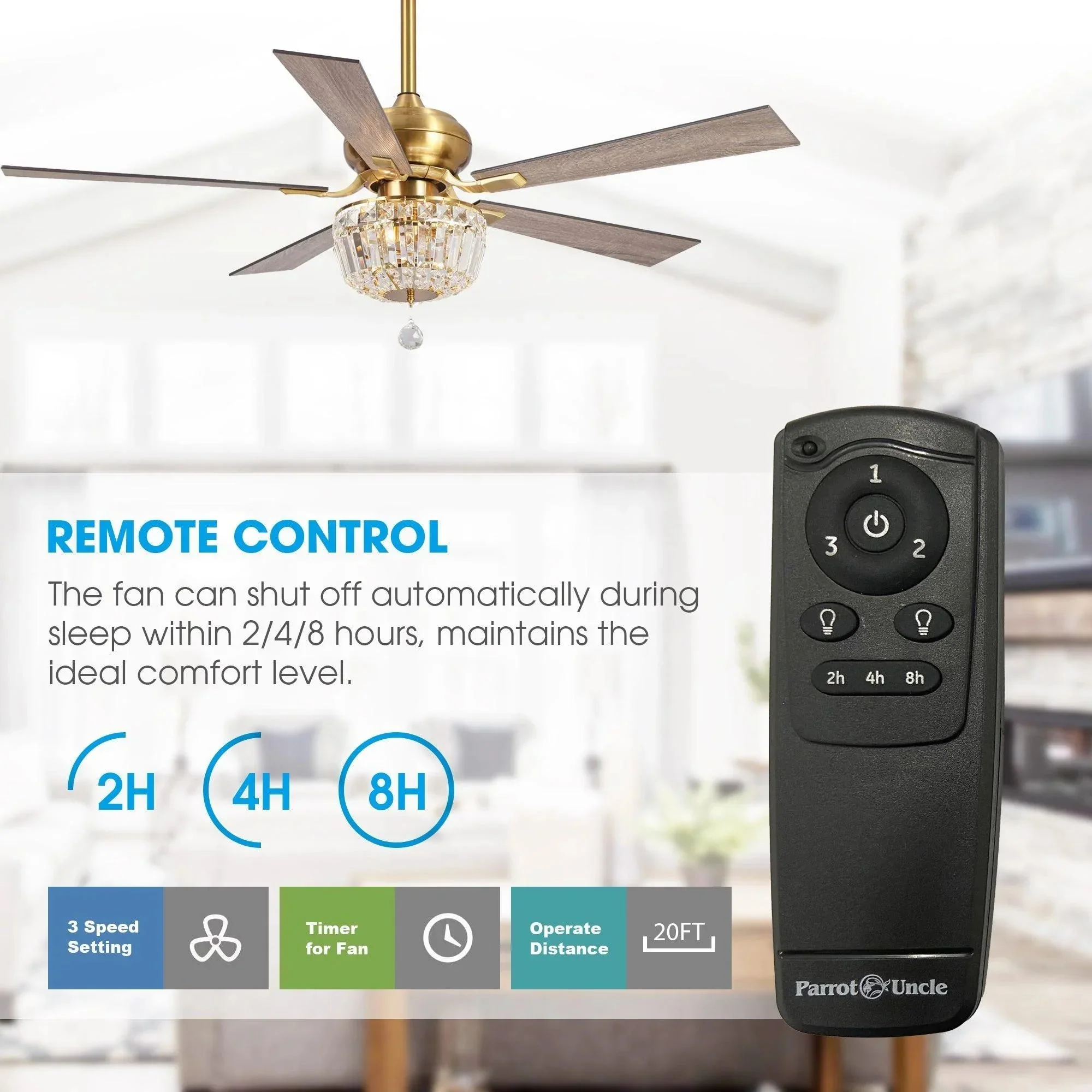 Parrot Uncle 52-Inch Ganga Modern Downrod Mount Reversible Crystal Ceiling Fan with Lighting and Remote Control - Image 8