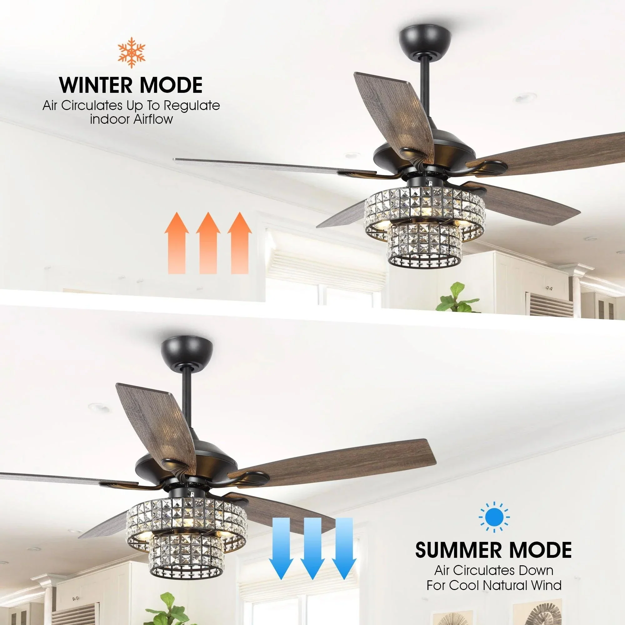 Parrot Uncle 52-Inch Howell Modern Downrod Mount Reversible Crystal Ceiling Fan with Lighting and Remote Control - Image 12