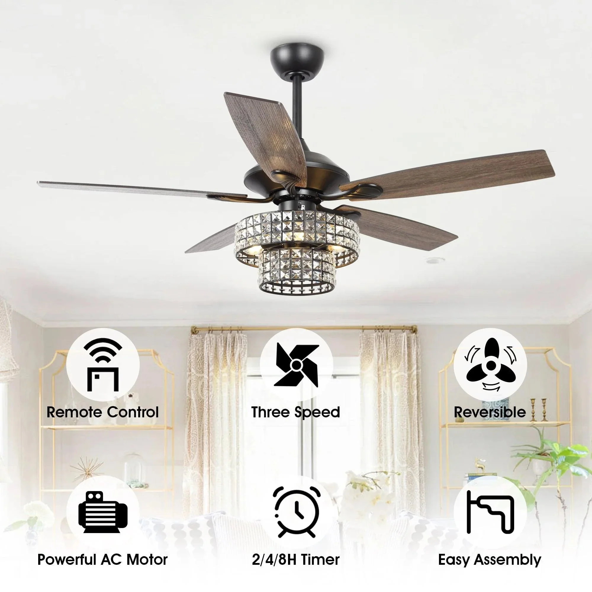 Parrot Uncle 52-Inch Howell Modern Downrod Mount Reversible Crystal Ceiling Fan with Lighting and Remote Control - Image 13