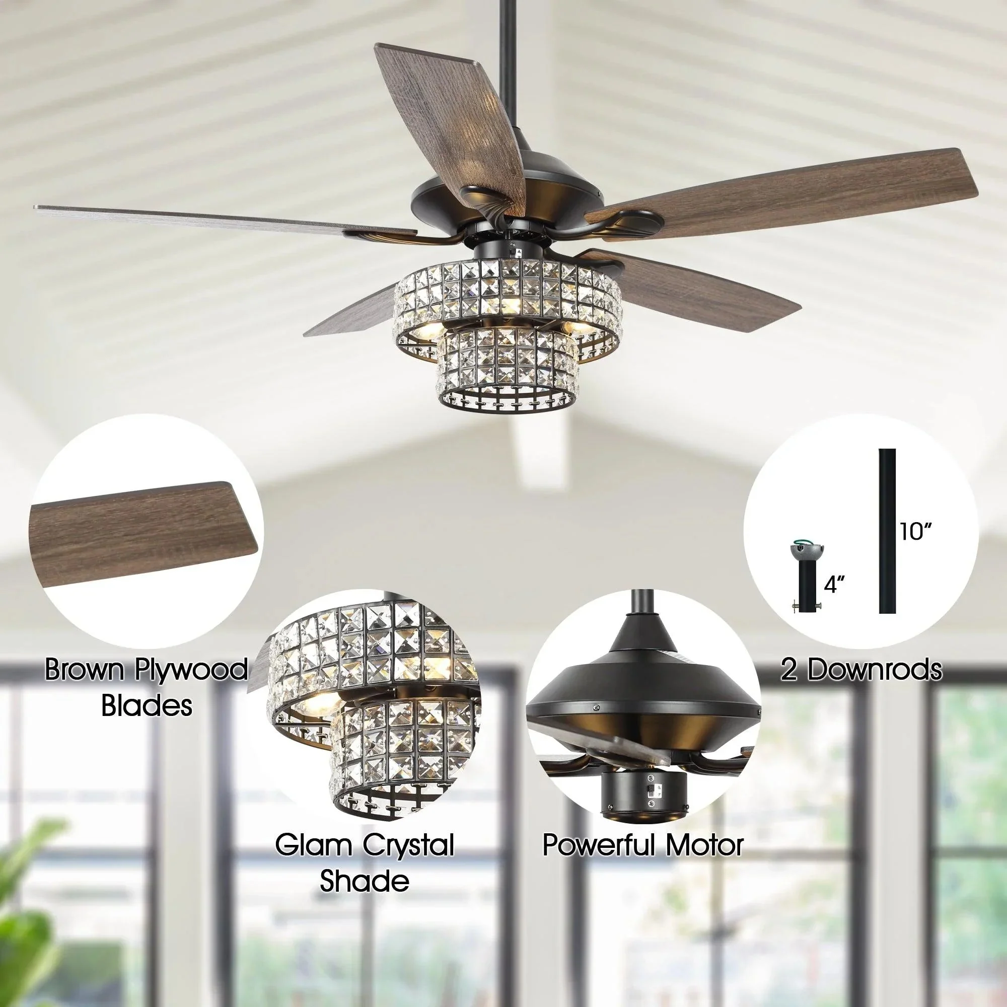 Parrot Uncle 52-Inch Howell Modern Downrod Mount Reversible Crystal Ceiling Fan with Lighting and Remote Control - Image 14