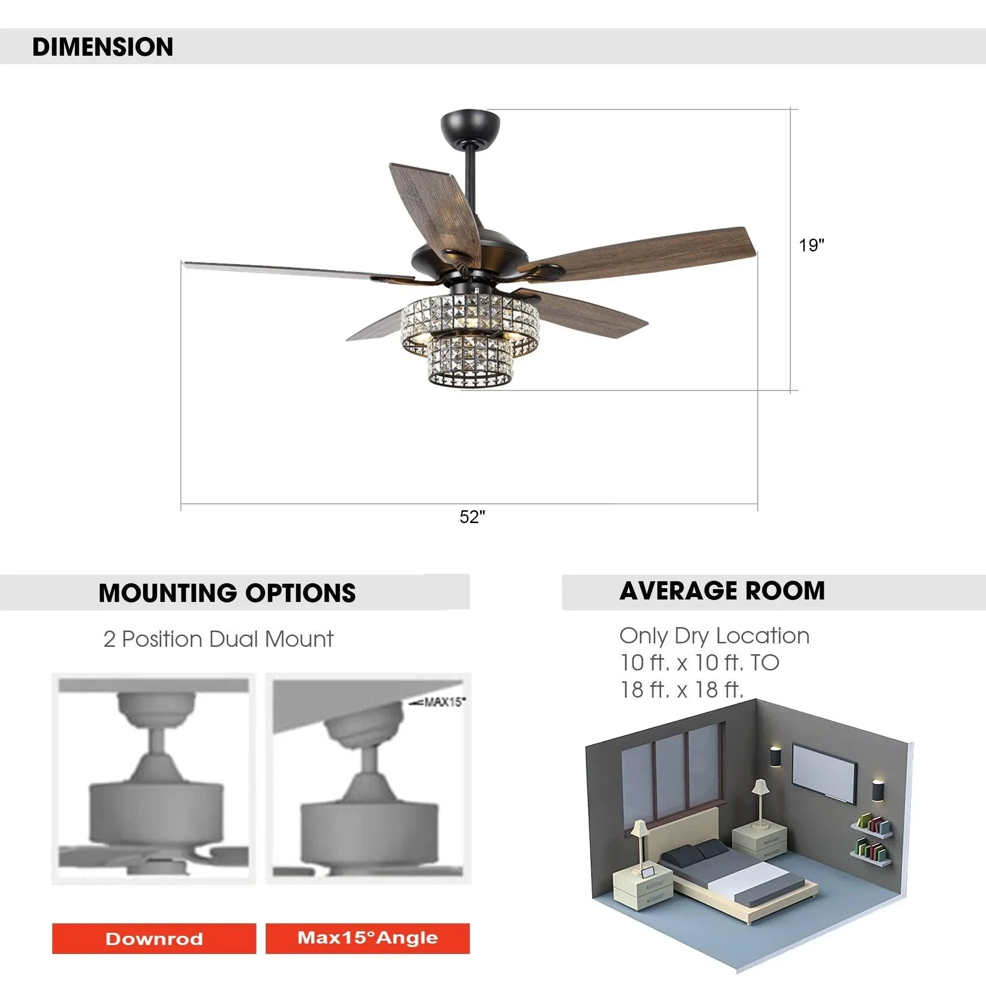 Parrot Uncle 52-Inch Howell Modern Downrod Mount Reversible Crystal Ceiling Fan with Lighting and Remote Control - Image 16