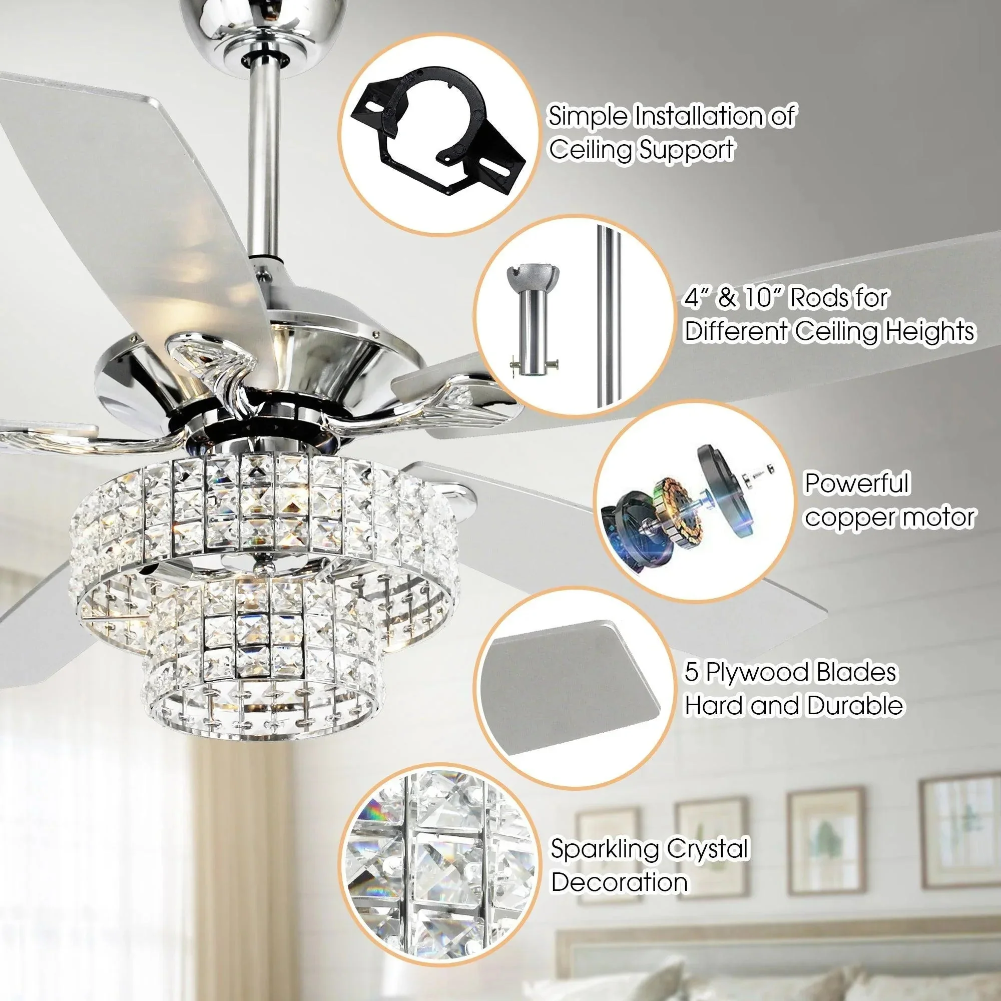 Parrot Uncle 52-Inch Howell Modern Downrod Mount Reversible Crystal Ceiling Fan with Lighting and Remote Control - Image 5
