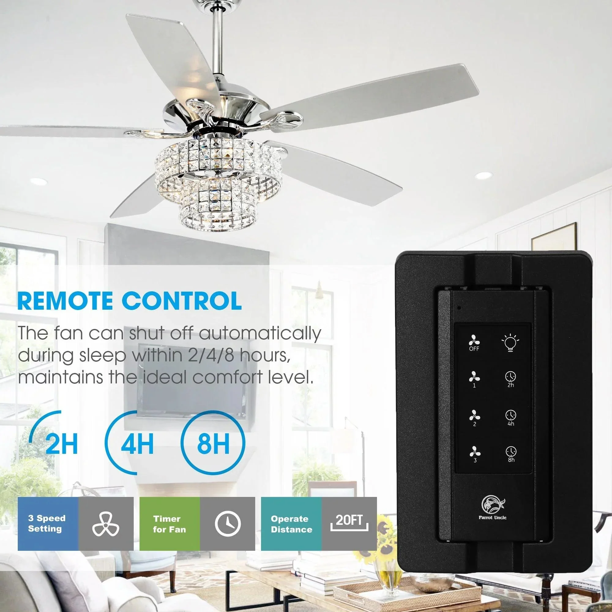 Parrot Uncle 52-Inch Howell Modern Downrod Mount Reversible Crystal Ceiling Fan with Lighting and Remote Control - Image 6