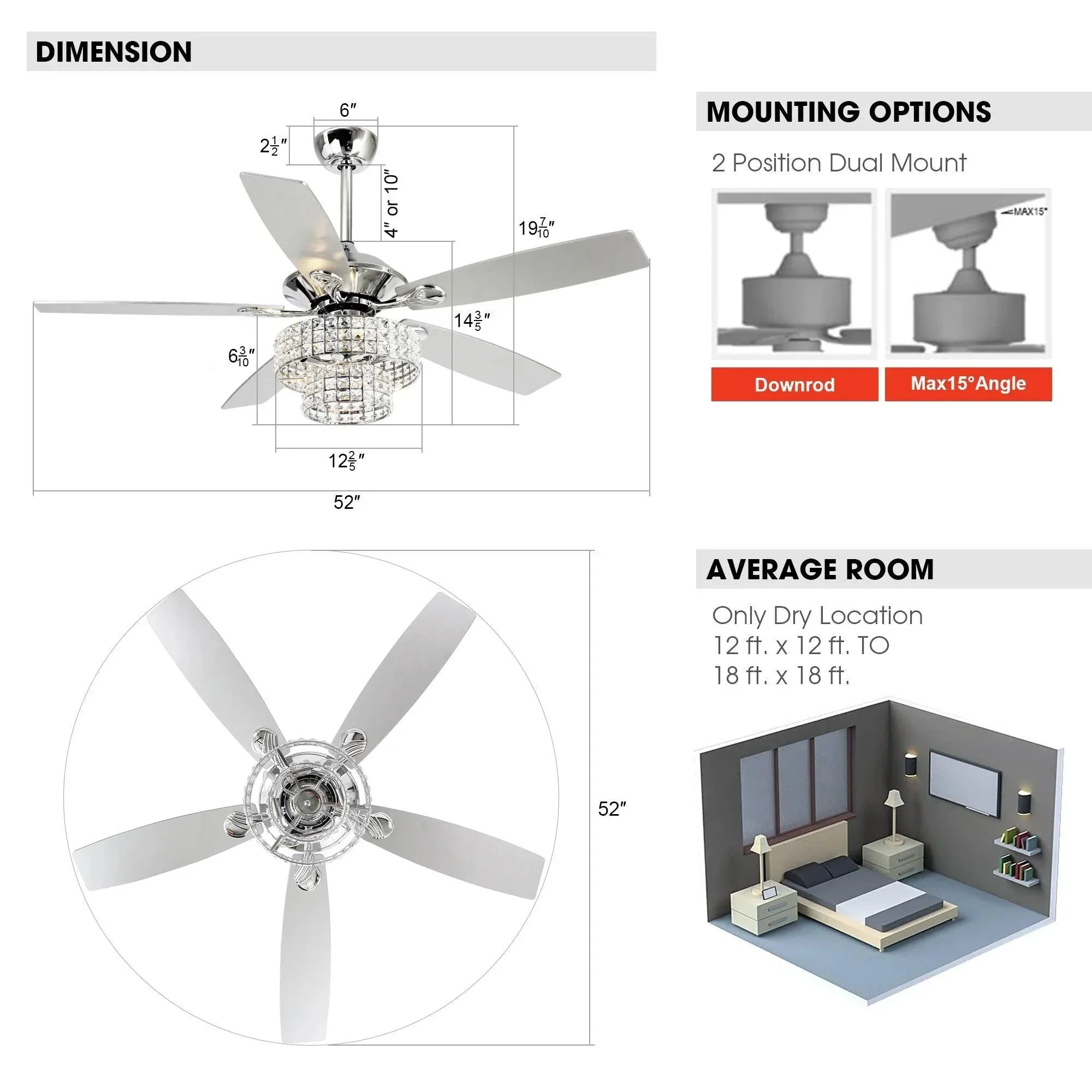 Parrot Uncle 52-Inch Howell Modern Downrod Mount Reversible Crystal Ceiling Fan with Lighting and Remote Control - Image 9