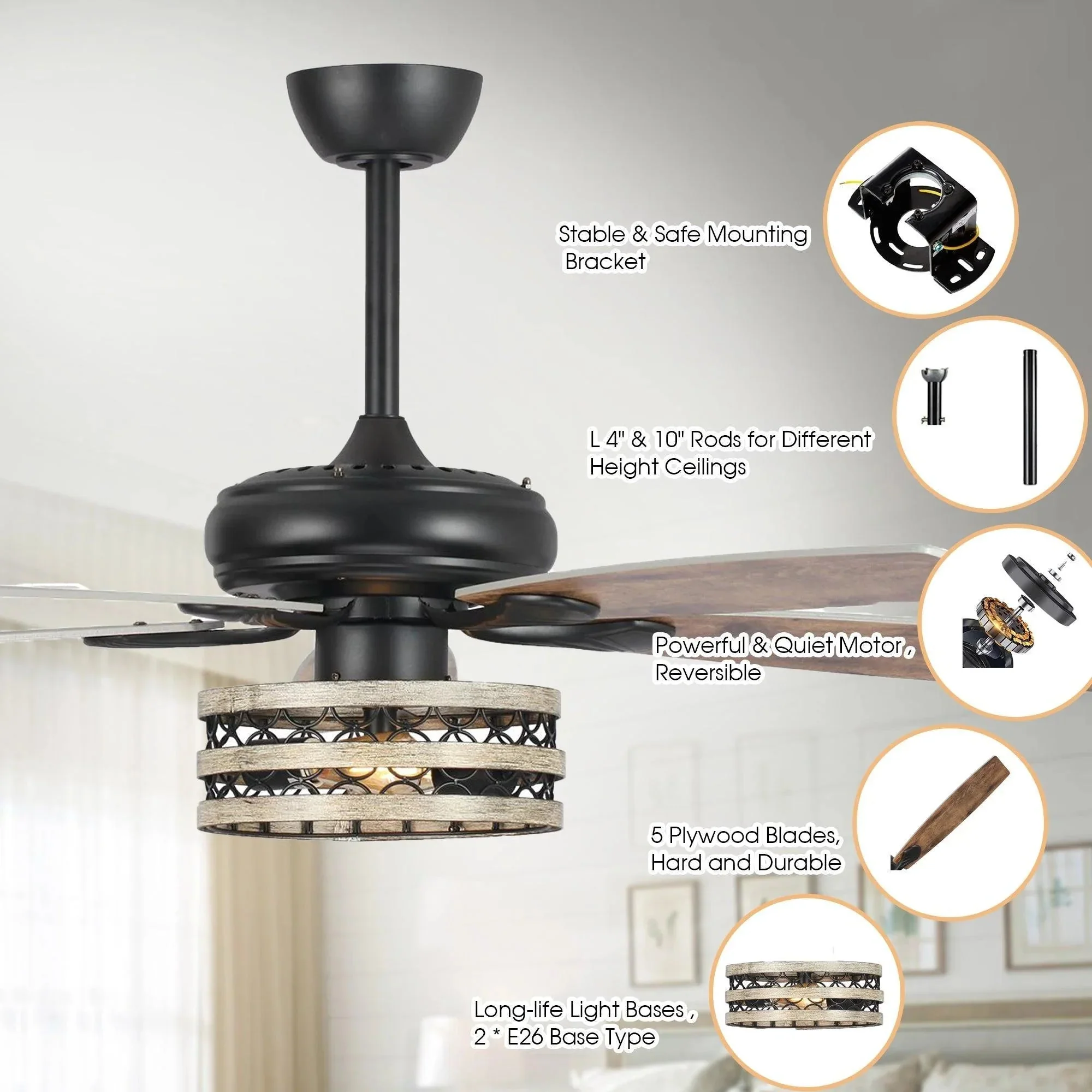 Parrot Uncle 52-Inch Hyderabad-Secunderabad Farmhouse Downrod Mount Reversible Ceiling Fan with Lighting and Remote Control (F6319Q110V) - Image 6