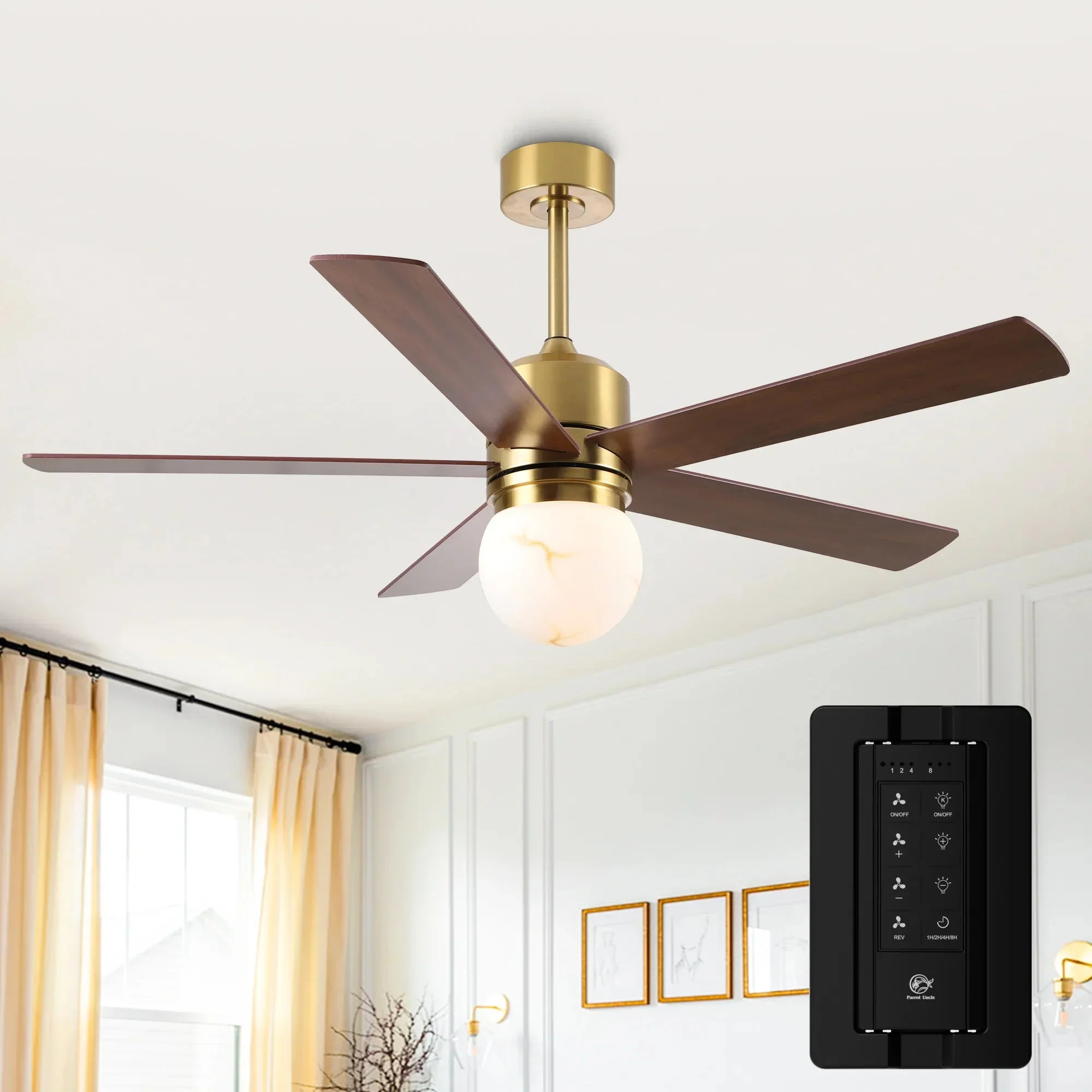 Parrot Uncle 52-Inch Alva Double-sided Blades Downrod Mount LED Ceiling Fan with Remote Control (F6034GD) - Image 11
