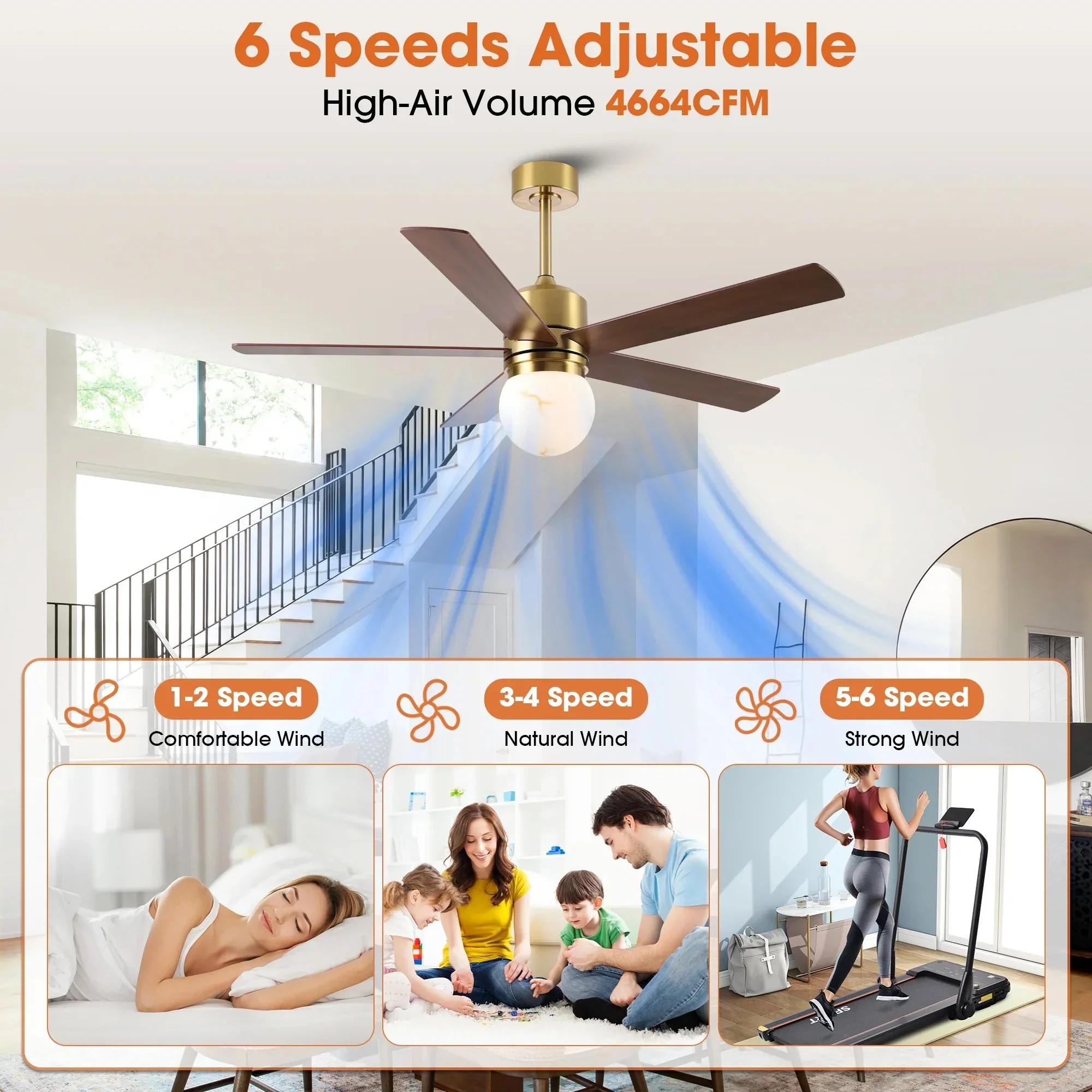 Parrot Uncle 52-Inch Alva Double-sided Blades Downrod Mount LED Ceiling Fan with Remote Control (F6034GD) - Image 5