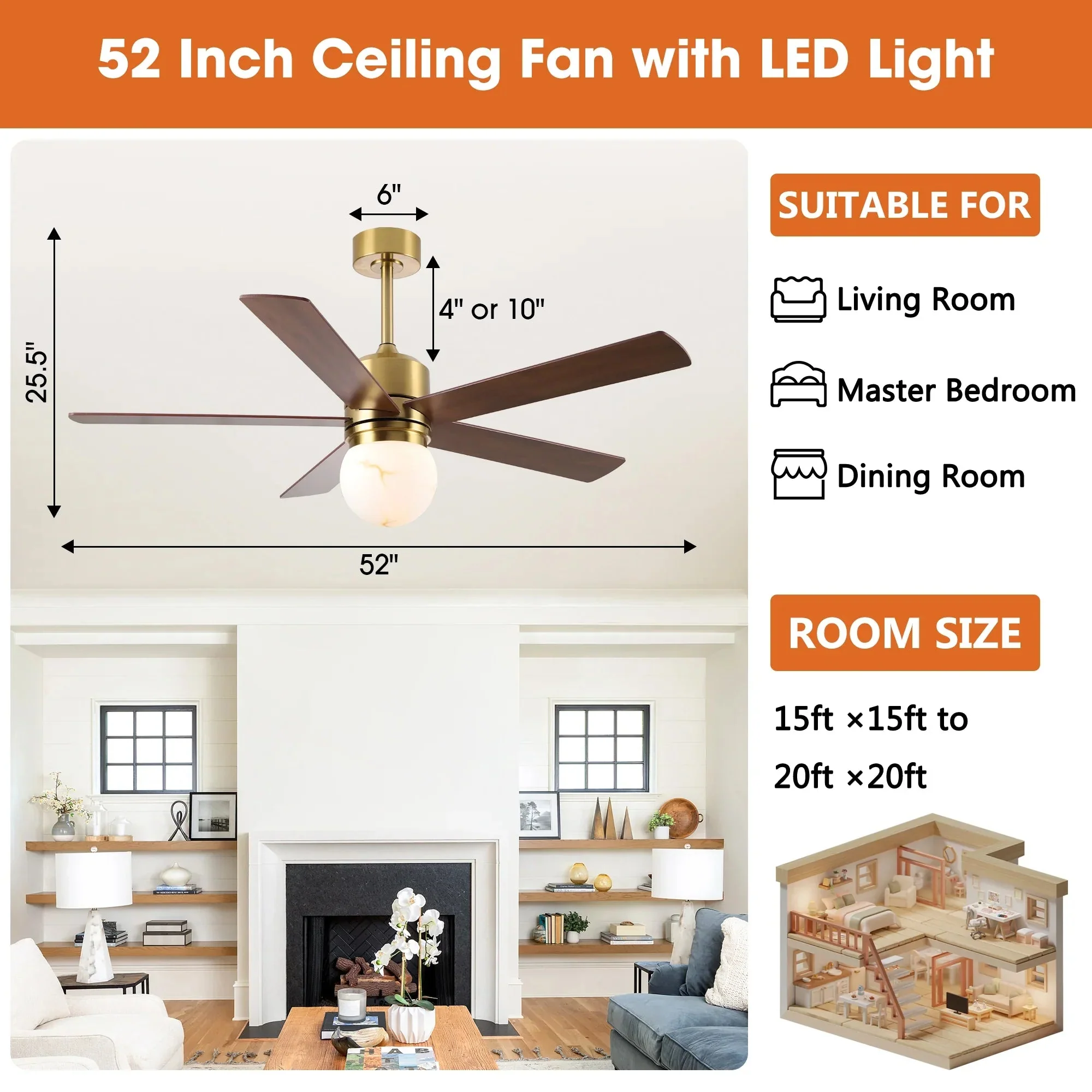 Parrot Uncle 52-Inch Alva Double-sided Blades Downrod Mount LED Ceiling Fan with Remote Control (F6034GD) - Image 6