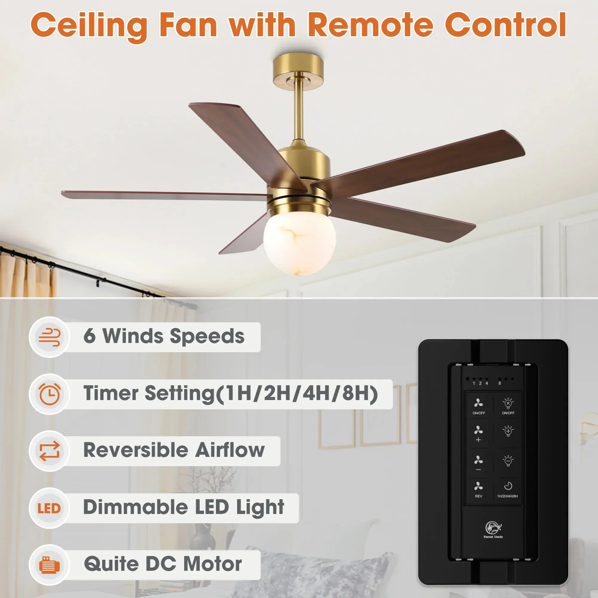 Parrot Uncle 52-Inch Alva Double-sided Blades Downrod Mount LED Ceiling Fan with Remote Control (F6034GD) - Image 7