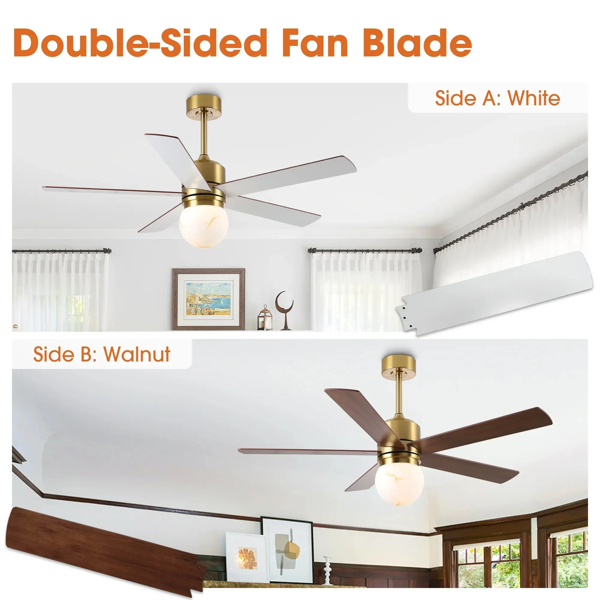 Parrot Uncle 52-Inch Alva Double-sided Blades Downrod Mount LED Ceiling Fan with Remote Control (F6034GD) - Image 8