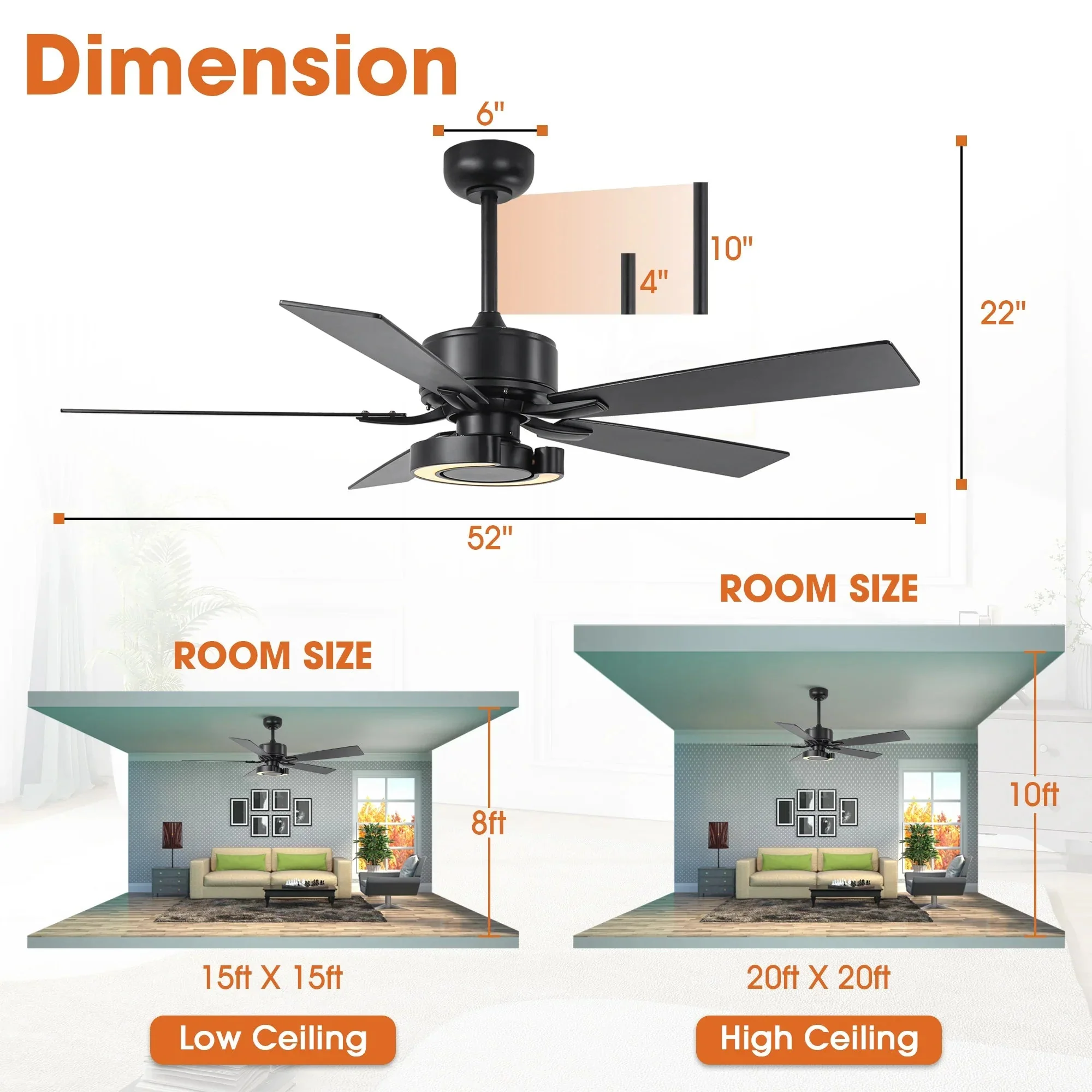 Parrot Uncle 52-Inch Arlen Double-sided Blades Downrod Mount LED Ceiling Fan with Remote Control - Image 12