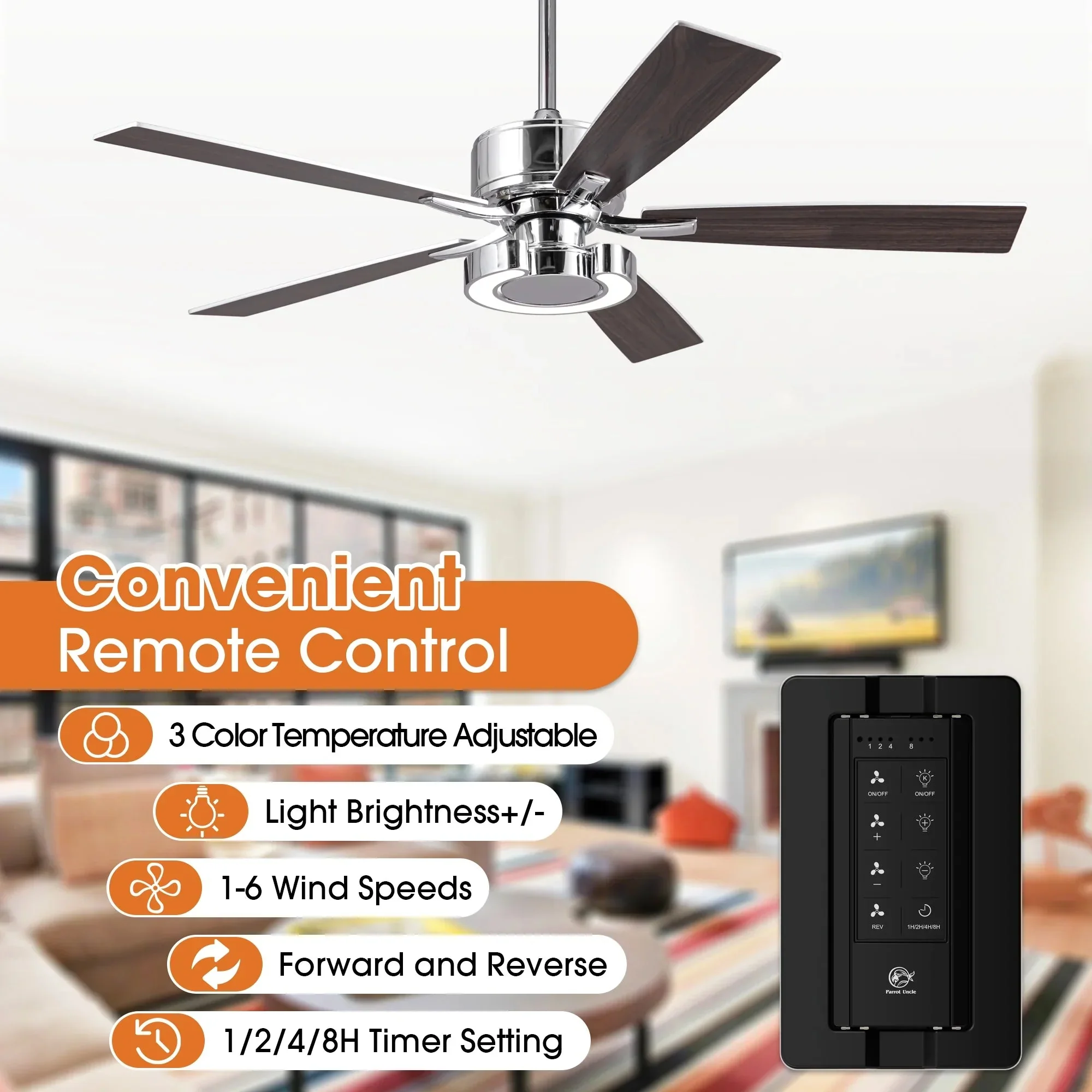 Parrot Uncle 52-Inch Arlen Double-sided Blades Downrod Mount LED Ceiling Fan with Remote Control - Image 7