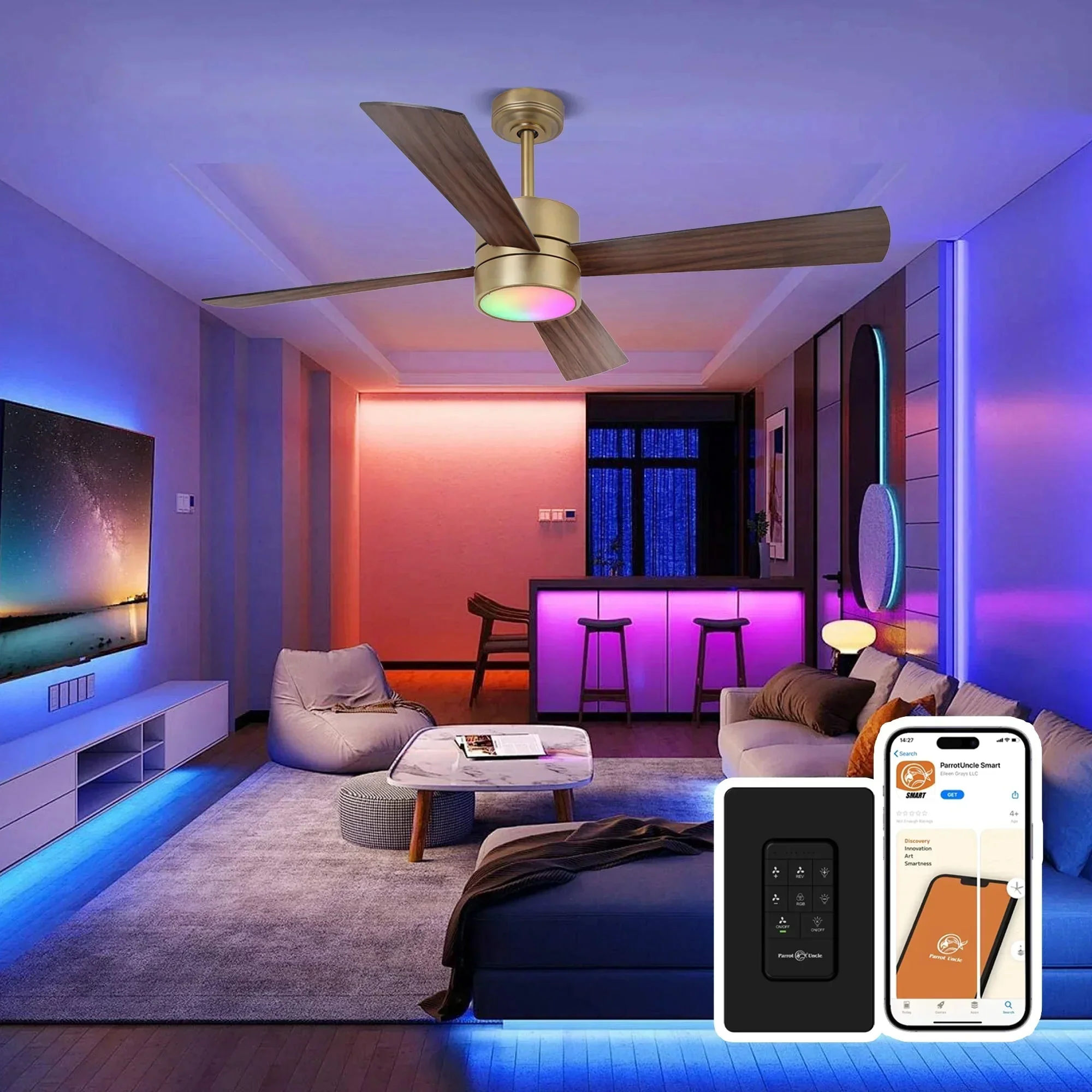 Parrot Uncle 52-Inch Bucholz Industrial Dimmable RGB LED Ceiling Fan with Remote and APP Control - Image 7