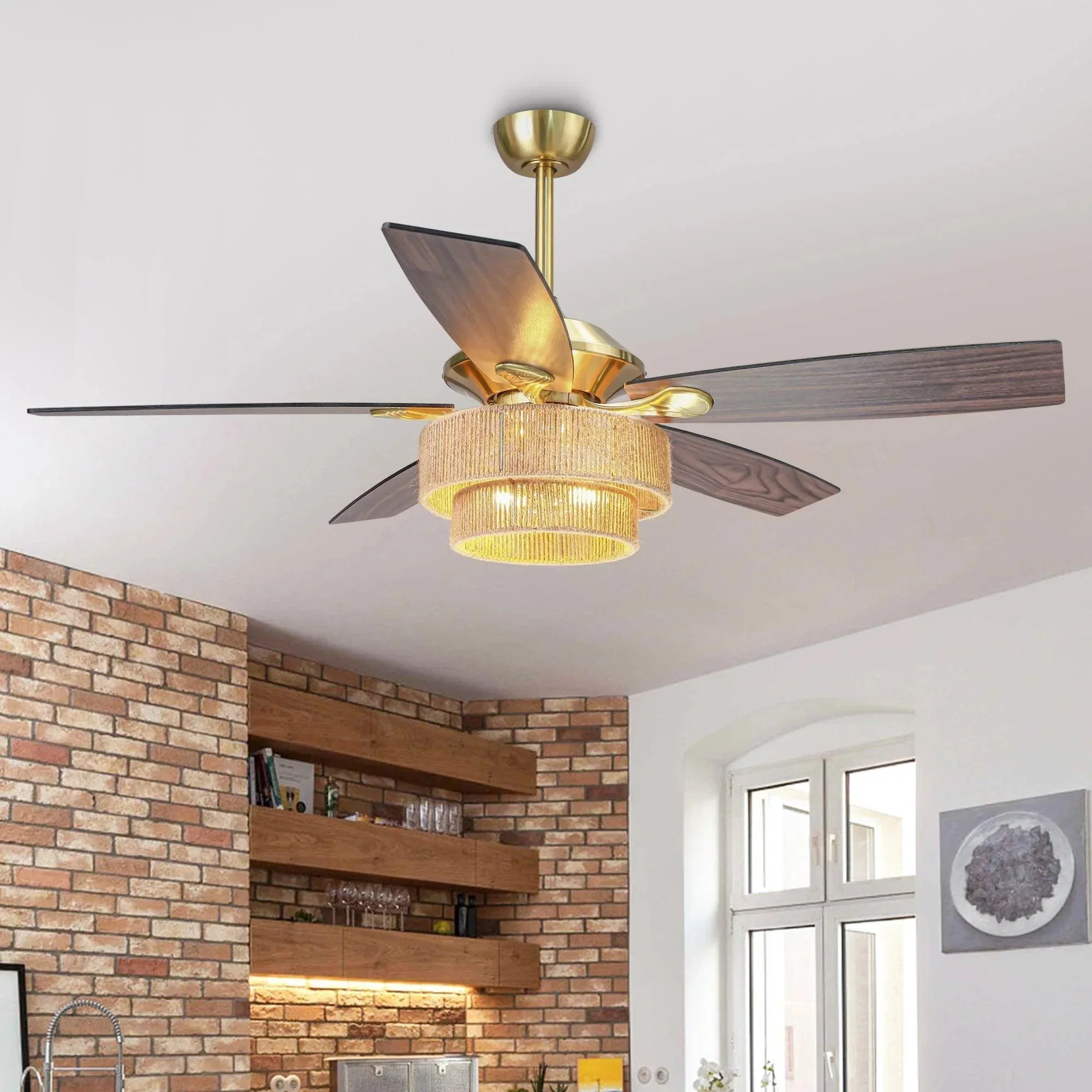 Parrot Uncle 52-Inch Danube Farmhouse DC Motor Golden Downrod Ceiling Fan with Light (F6391110V) - Image 2
