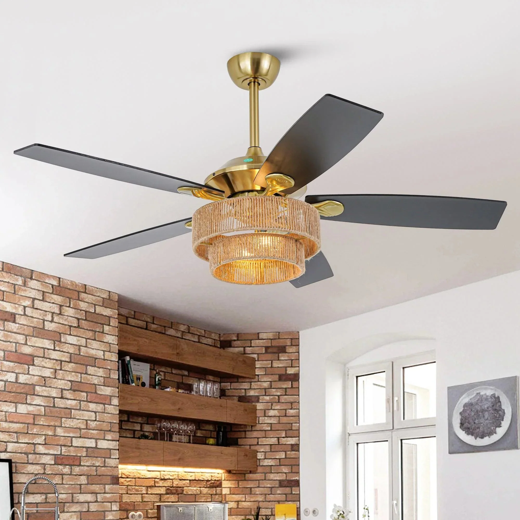 Parrot Uncle 52-Inch Danube Farmhouse DC Motor Golden Downrod Ceiling Fan with Light (F6391110V) - Image 6