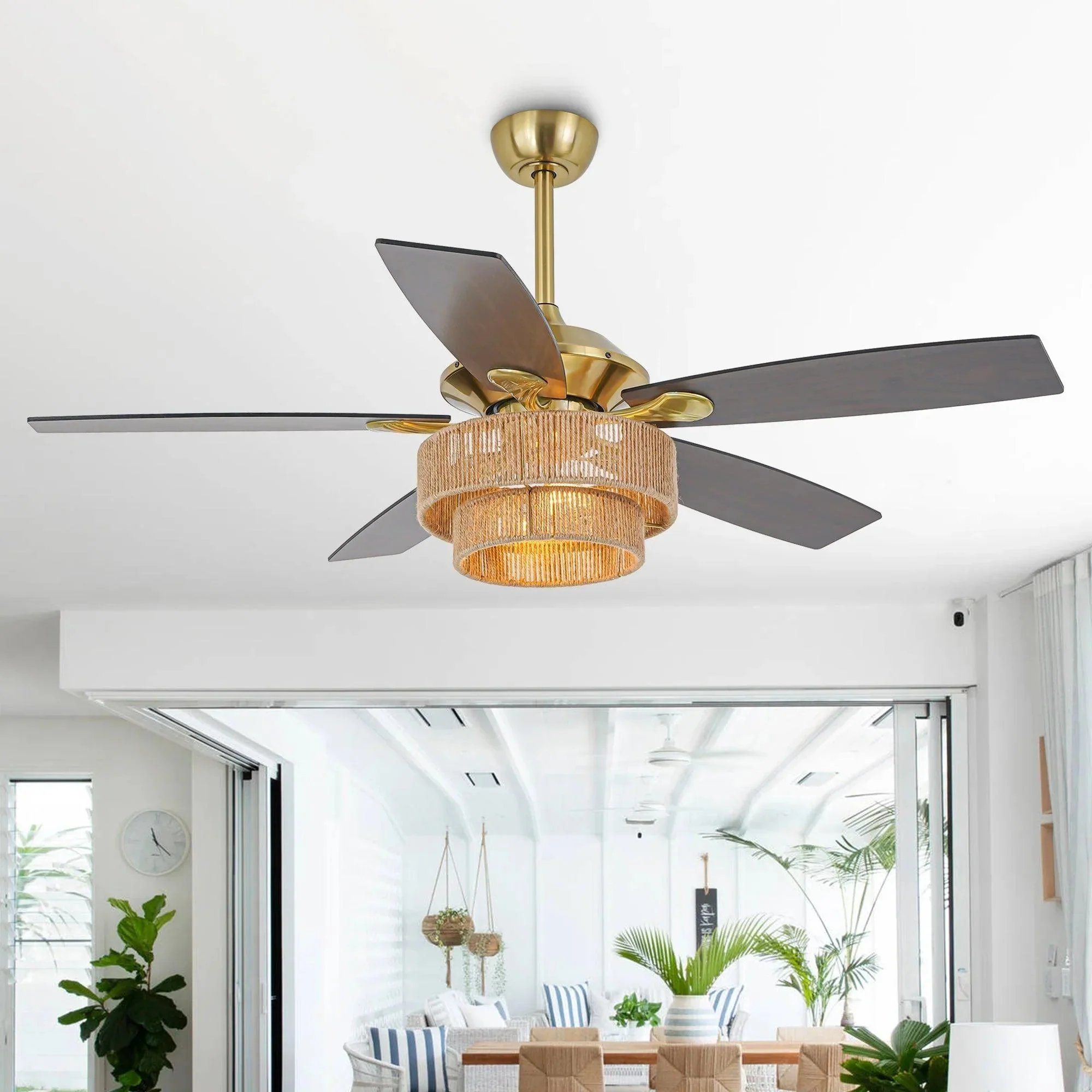 Parrot Uncle 52-Inch Danube Farmhouse DC Motor Golden Downrod Ceiling Fan with Light (F6391110V) - Image 7