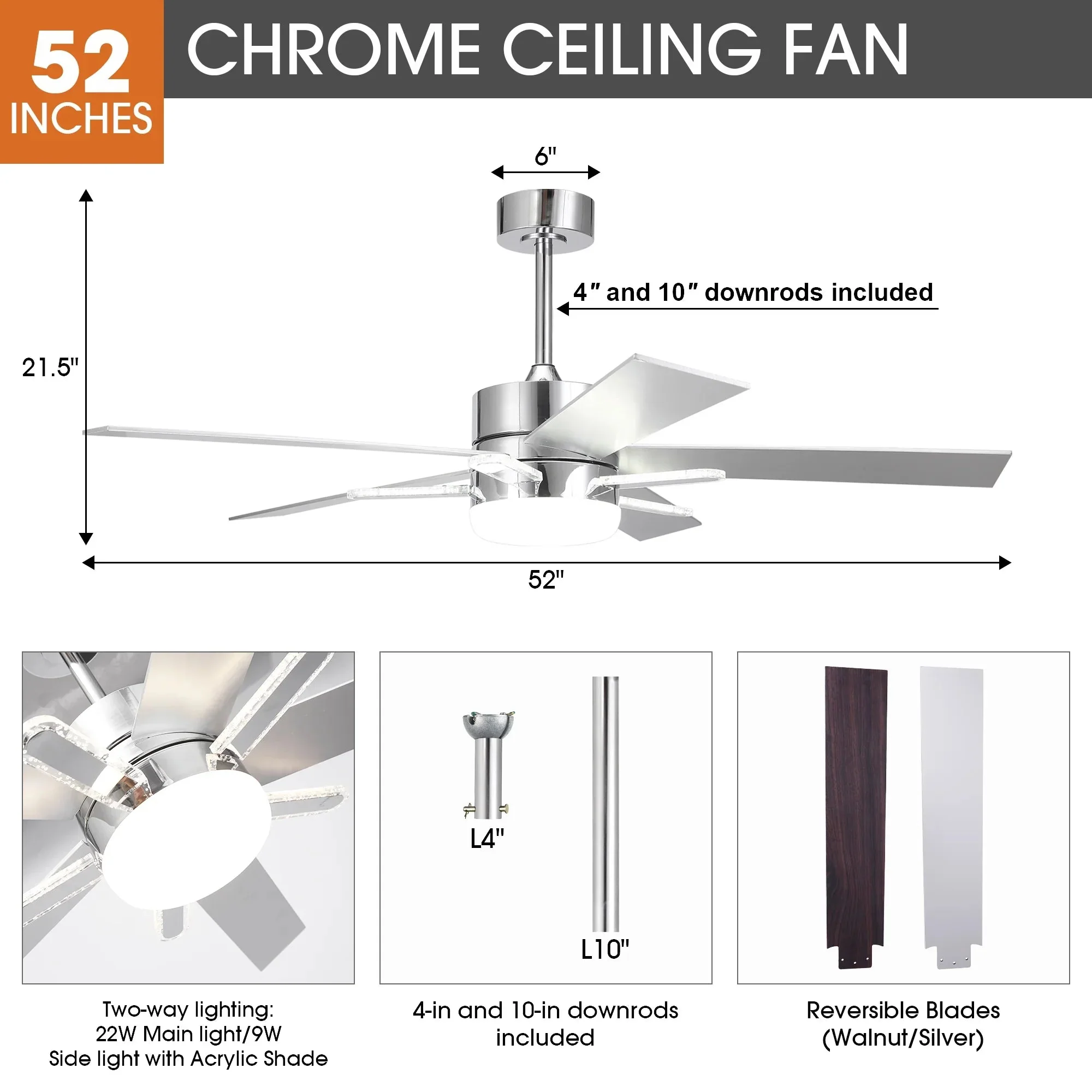 Parrot Uncle 52-Inch Double-sided Blades Modern Downrod Mount Ceiling Fan with Main/Side LED Light (F6013) - Image 10