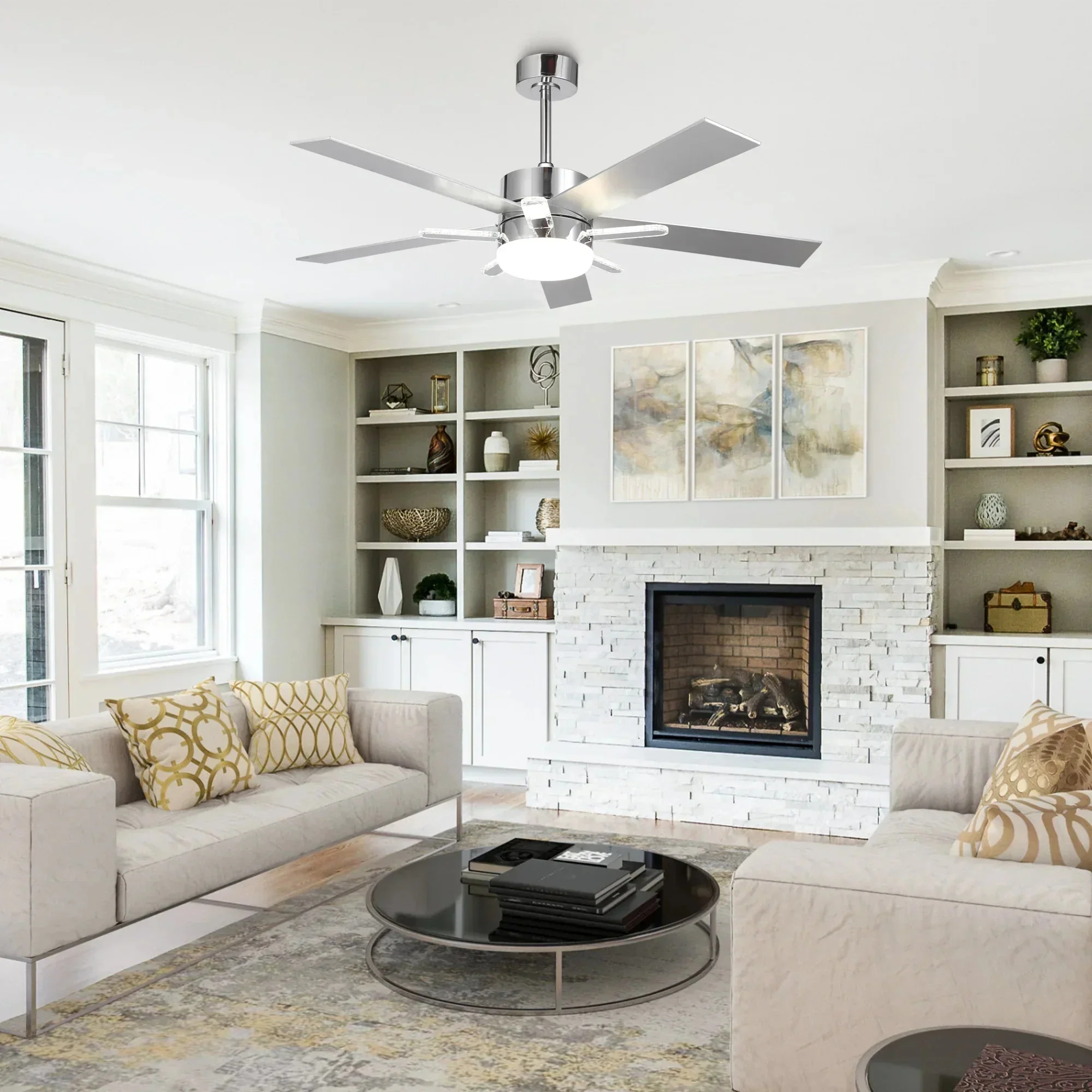 Parrot Uncle 52-Inch Double-sided Blades Modern Downrod Mount Ceiling Fan with Main/Side LED Light (F6013) - Image 2