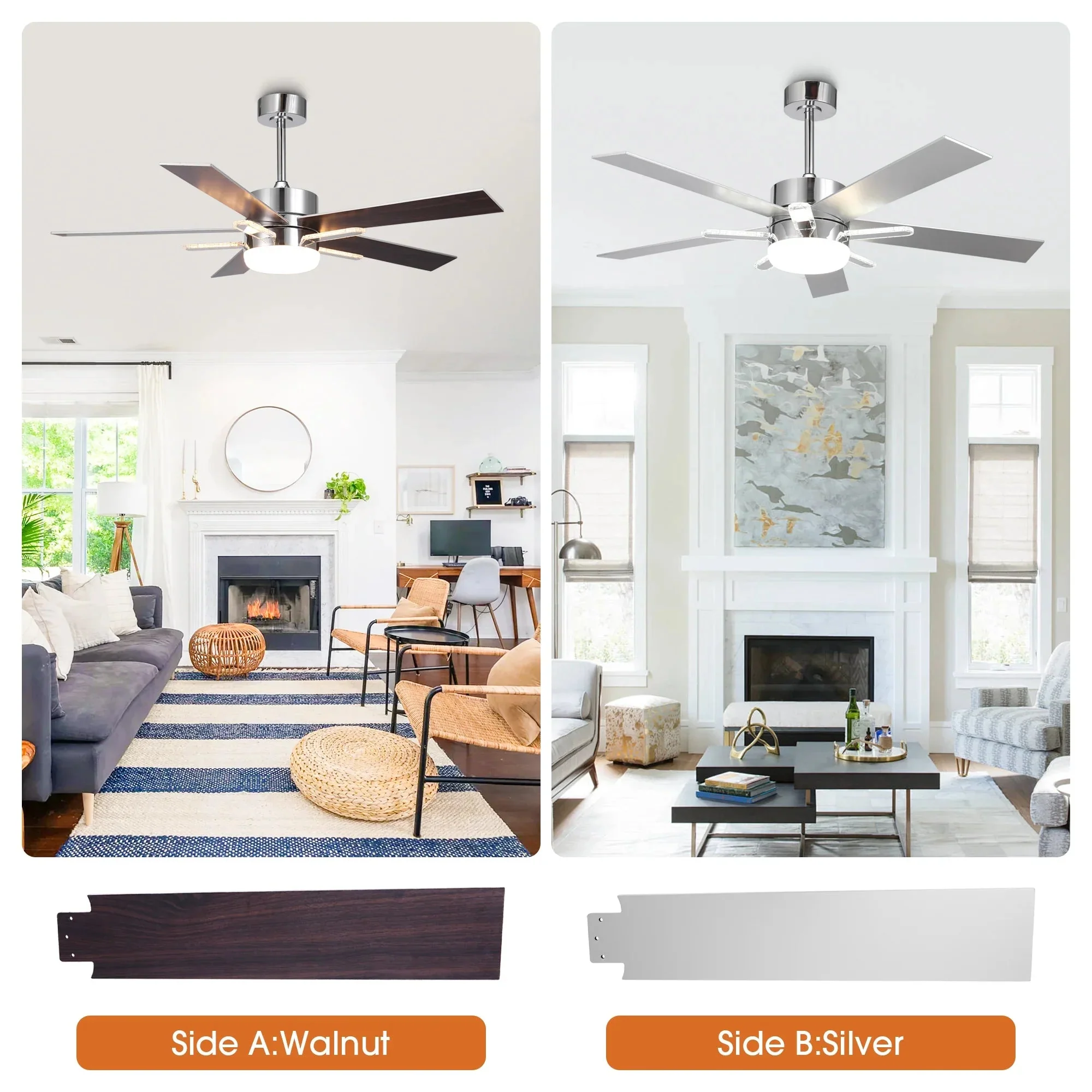 Parrot Uncle 52-Inch Double-sided Blades Modern Downrod Mount Ceiling Fan with Main/Side LED Light (F6013) - Image 5