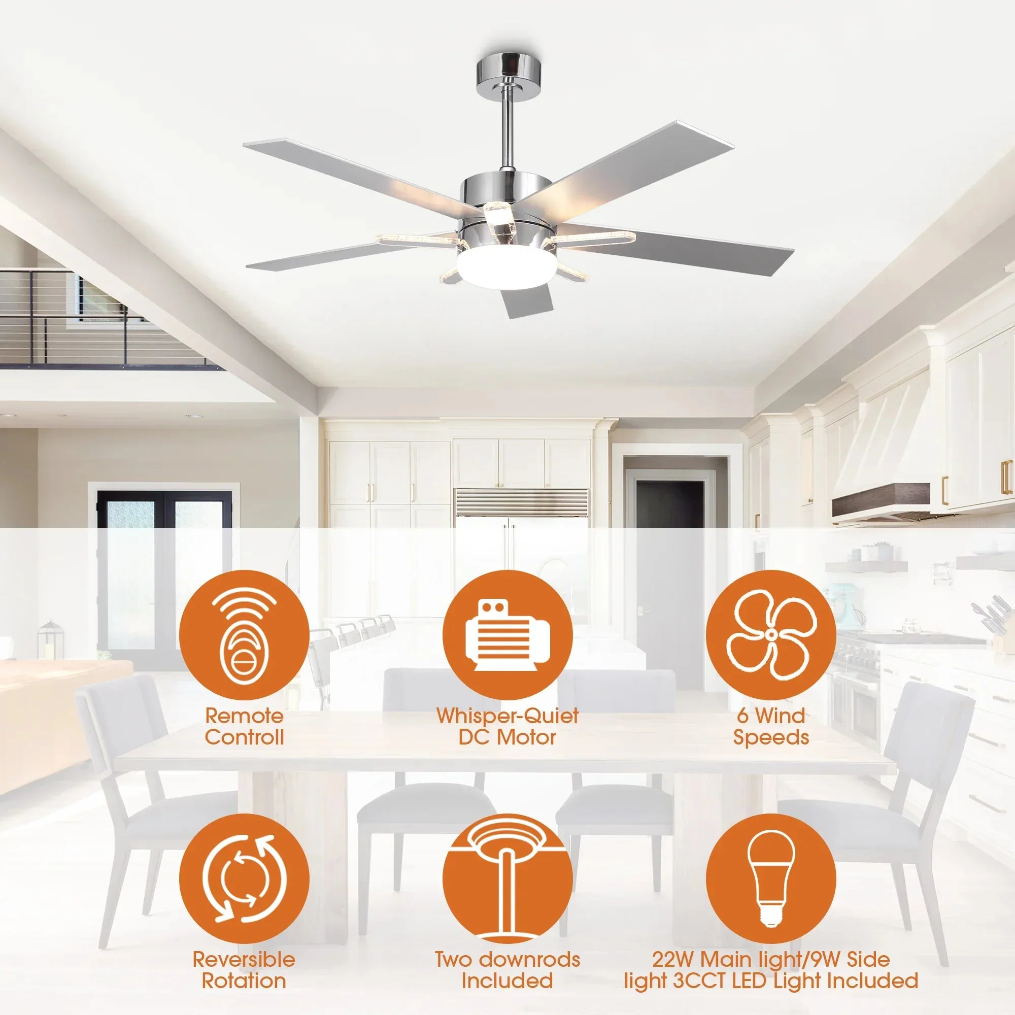 Parrot Uncle 52-Inch Double-sided Blades Modern Downrod Mount Ceiling Fan with Main/Side LED Light (F6013) - Image 6