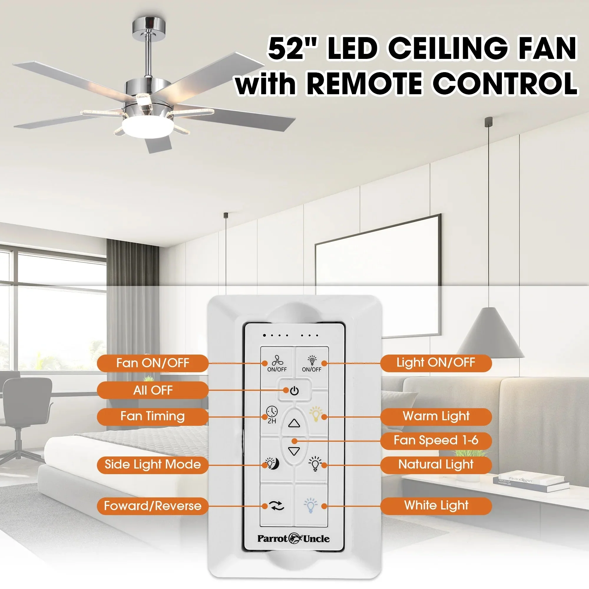 Parrot Uncle 52-Inch Double-sided Blades Modern Downrod Mount Ceiling Fan with Main/Side LED Light (F6013) - Image 7