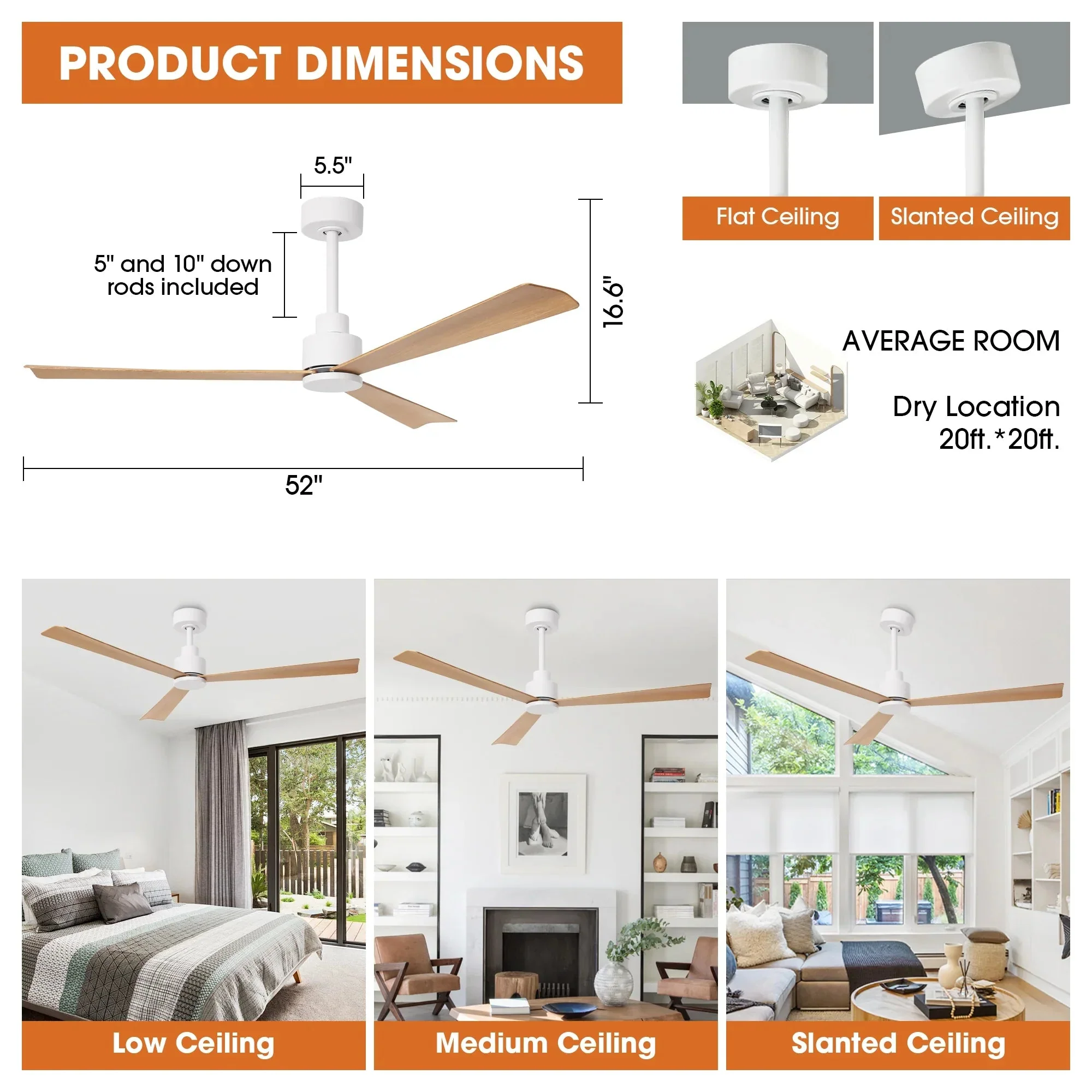 Parrot Uncle 52-Inch Esther 3-Blades Modern Downrod Mount Ceiling Fan with Remote Control - Image 11