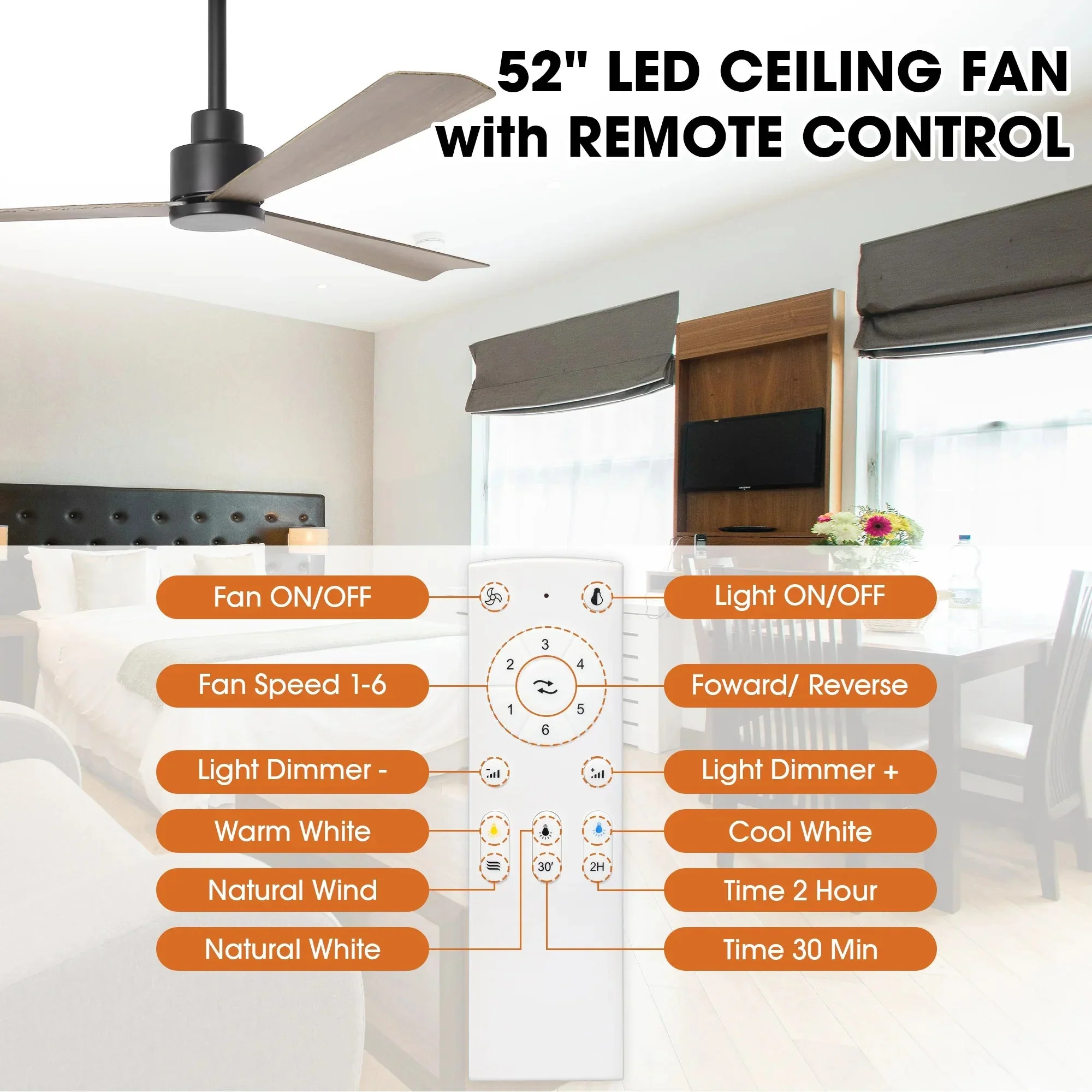 Parrot Uncle 52-Inch Esther 3-Blades Modern Downrod Mount Ceiling Fan with Remote Control - Image 9