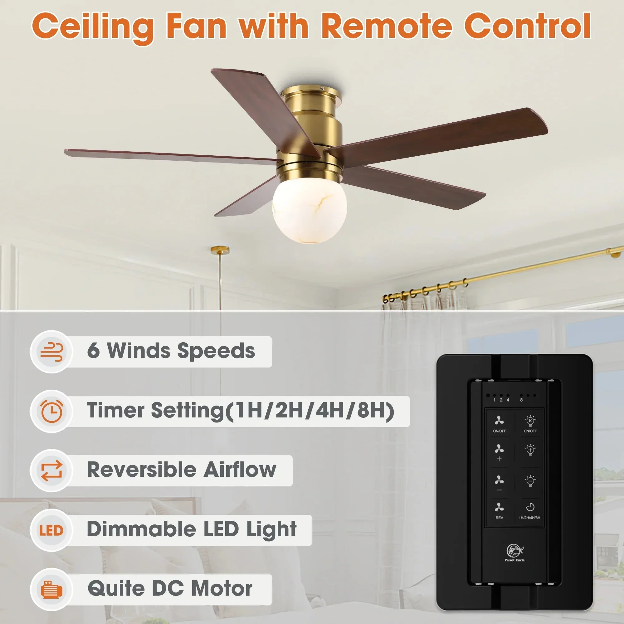 Parrot Uncle 52-Inch Fanny Double-Sided Blades Flush Mount LED Ceiling Fan with Remote Control (F6033GD) - Image 6