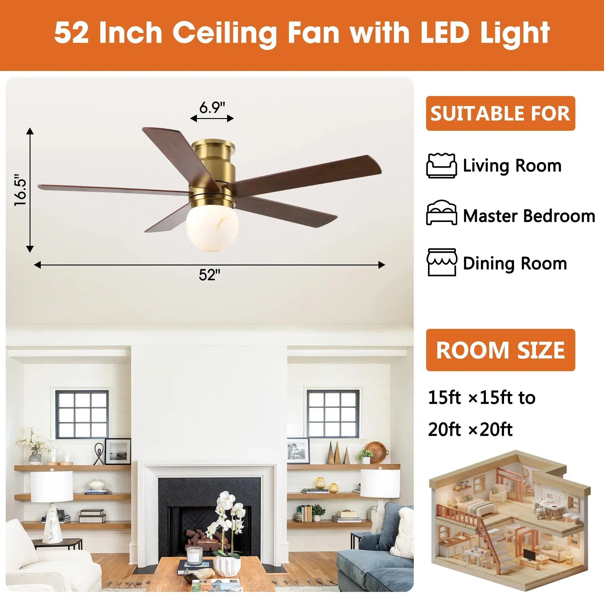 Parrot Uncle 52-Inch Fanny Double-Sided Blades Flush Mount LED Ceiling Fan with Remote Control (F6033GD) - Image 9