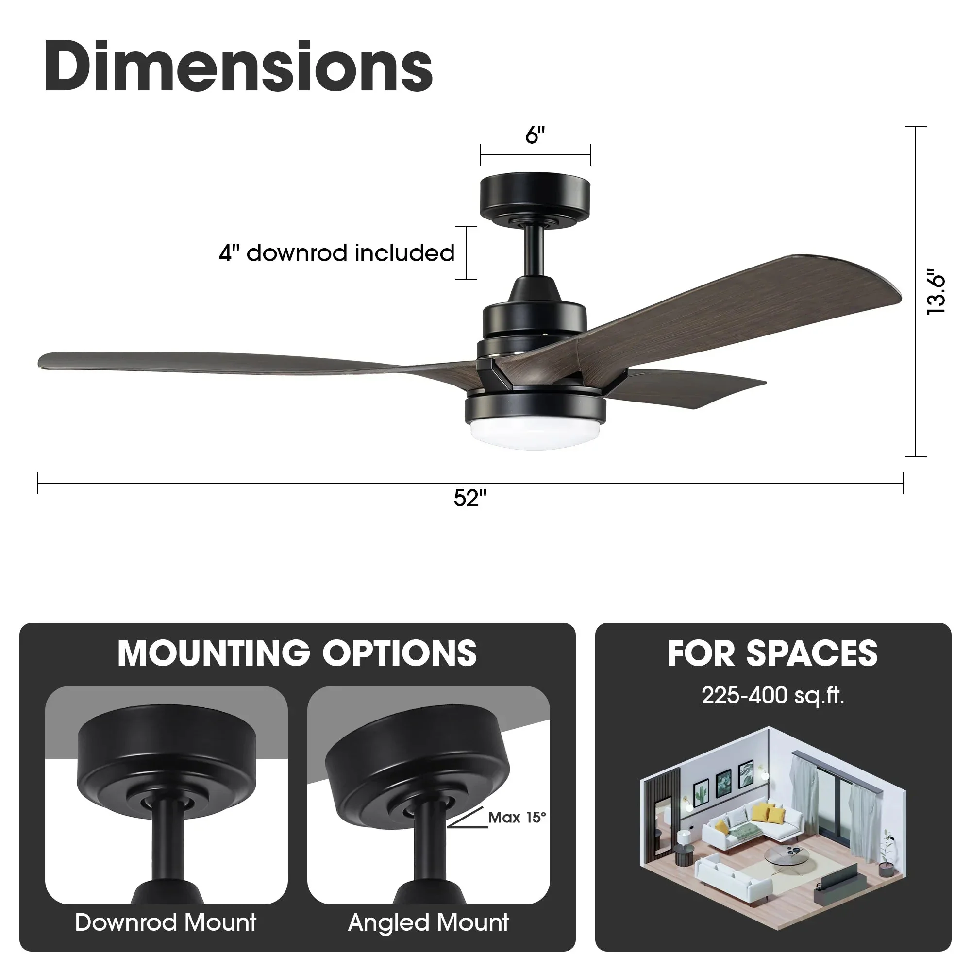 Parrot Uncle 52-Inch Ivy Industrial Downrod Mount LED Ceiling Fan with Remote Control (BBF6024BK) - Image 11