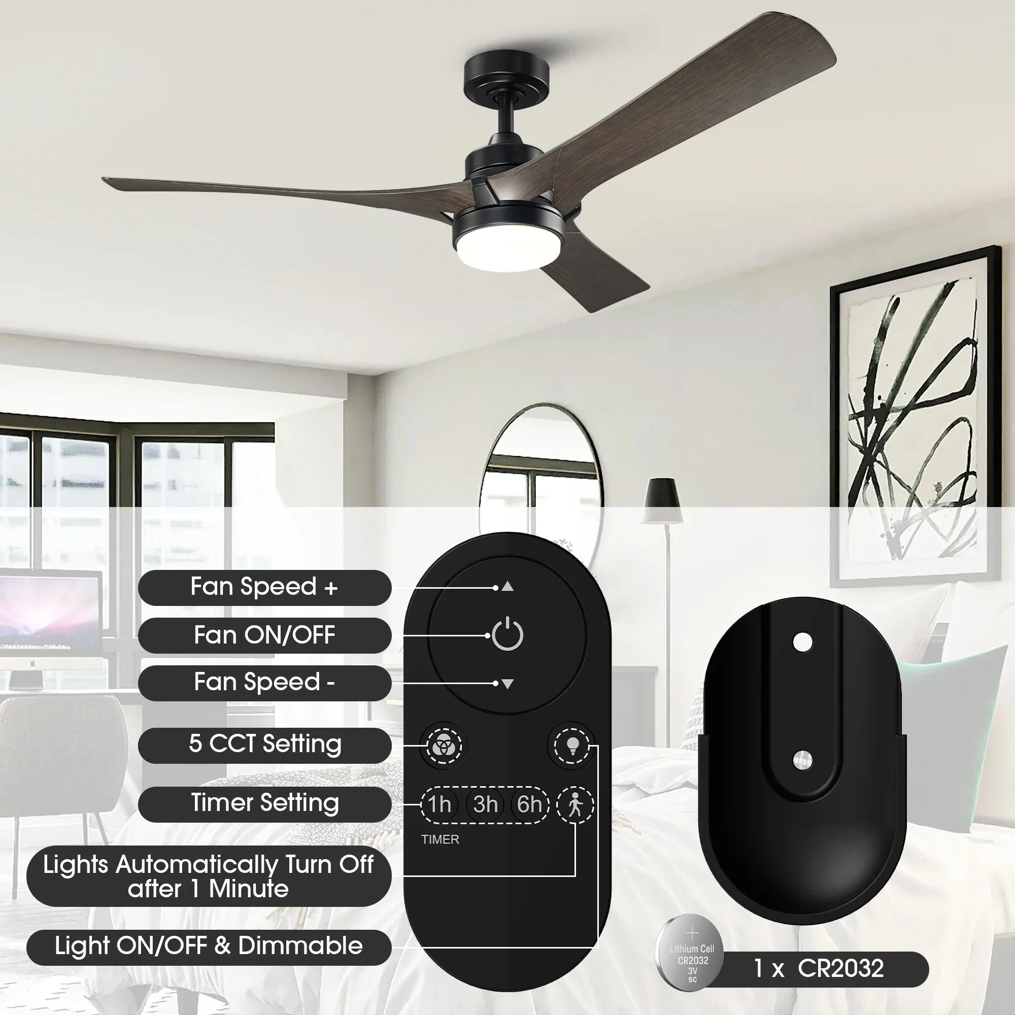 Parrot Uncle 52-Inch Ivy Industrial Downrod Mount LED Ceiling Fan with Remote Control (BBF6024BK) - Image 8