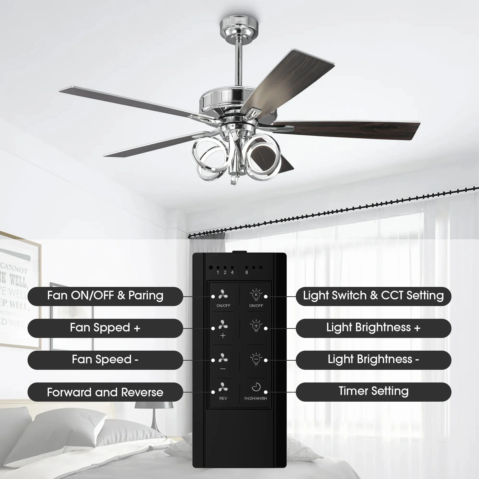 Parrot Uncle 52-Inch Levi Double-Sided Blades in Downrod Mount LED Ceiling Fan with Remote Control - Image 10
