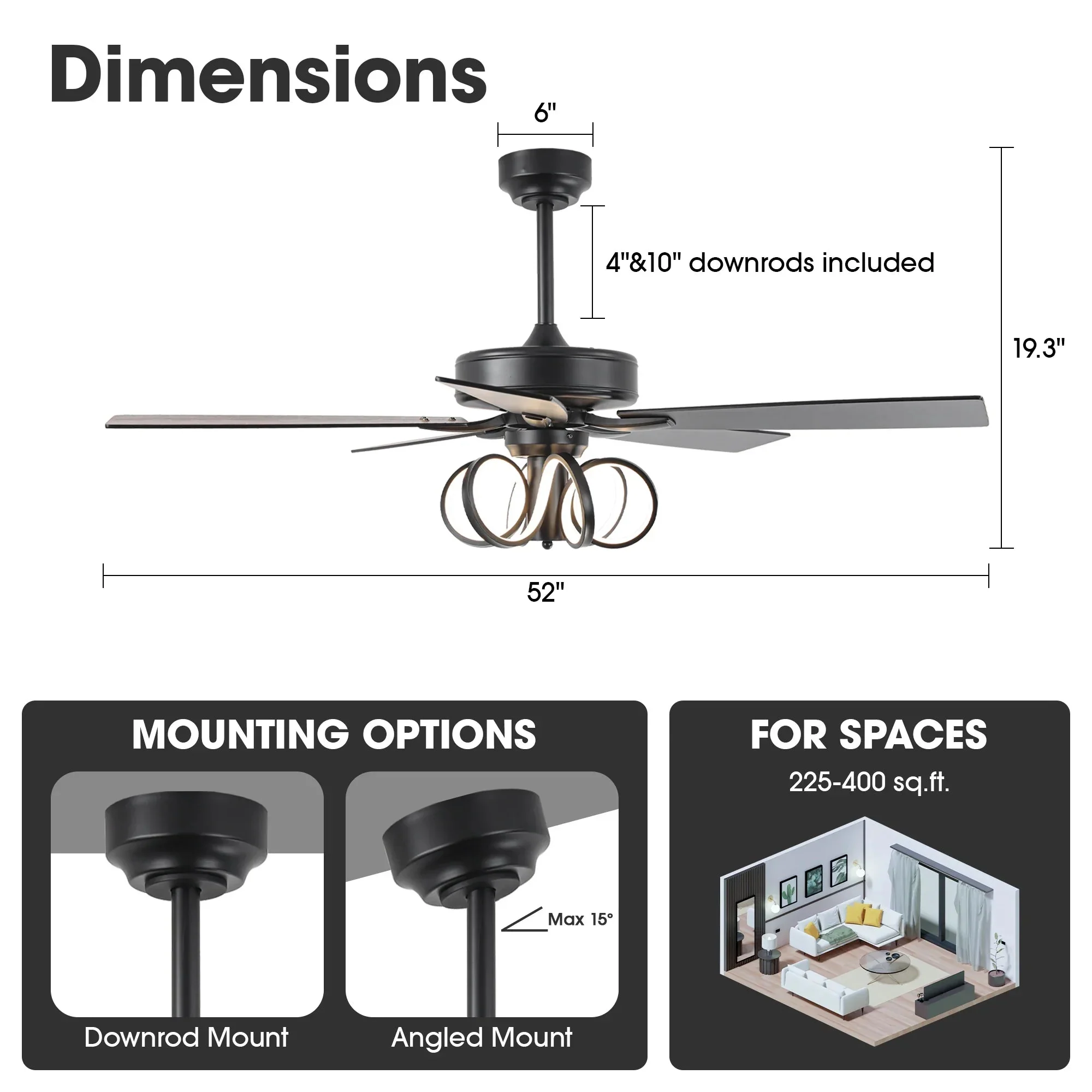 Parrot Uncle 52-Inch Levi Double-Sided Blades in Downrod Mount LED Ceiling Fan with Remote Control - Image 13