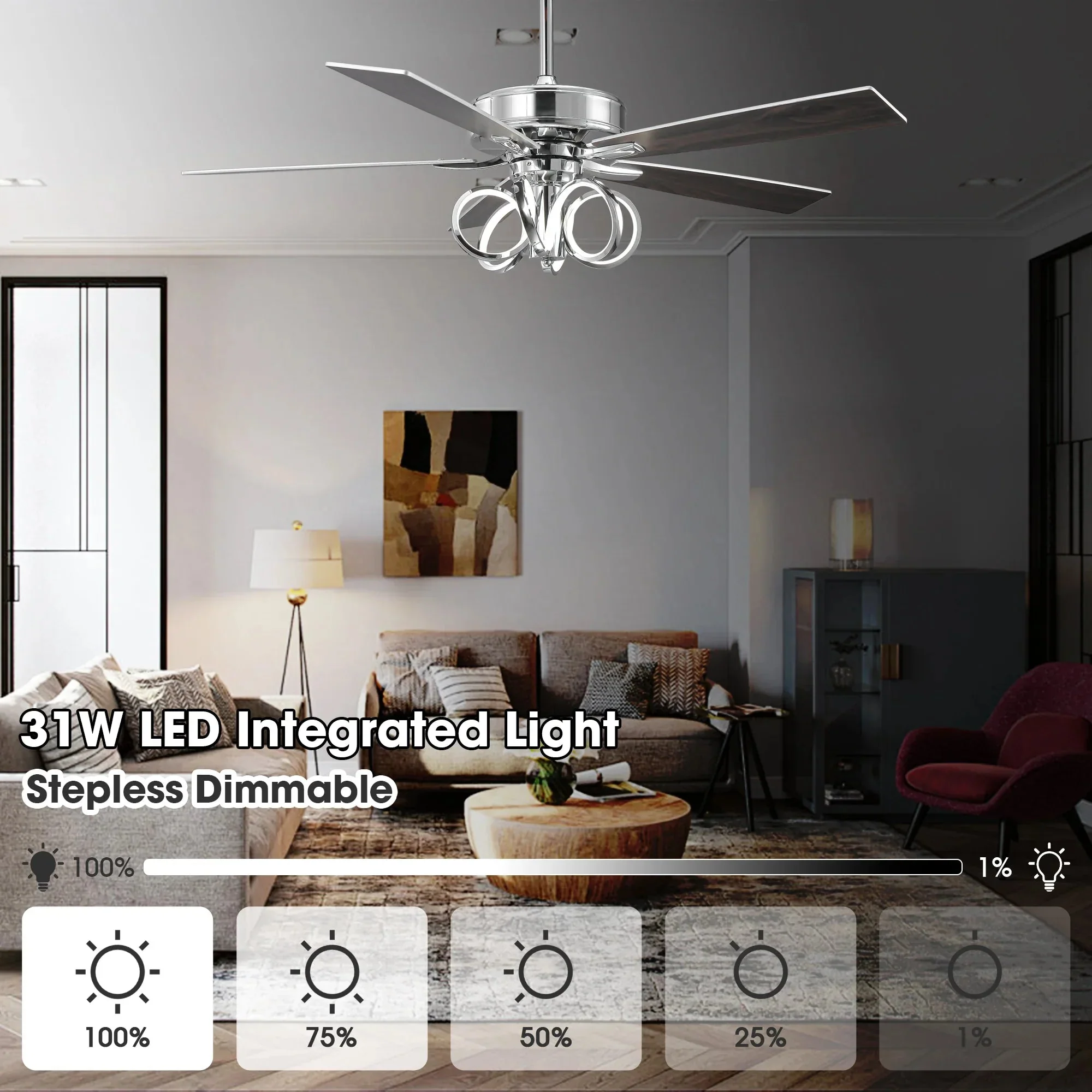 Parrot Uncle 52-Inch Levi Double-Sided Blades in Downrod Mount LED Ceiling Fan with Remote Control - Image 8