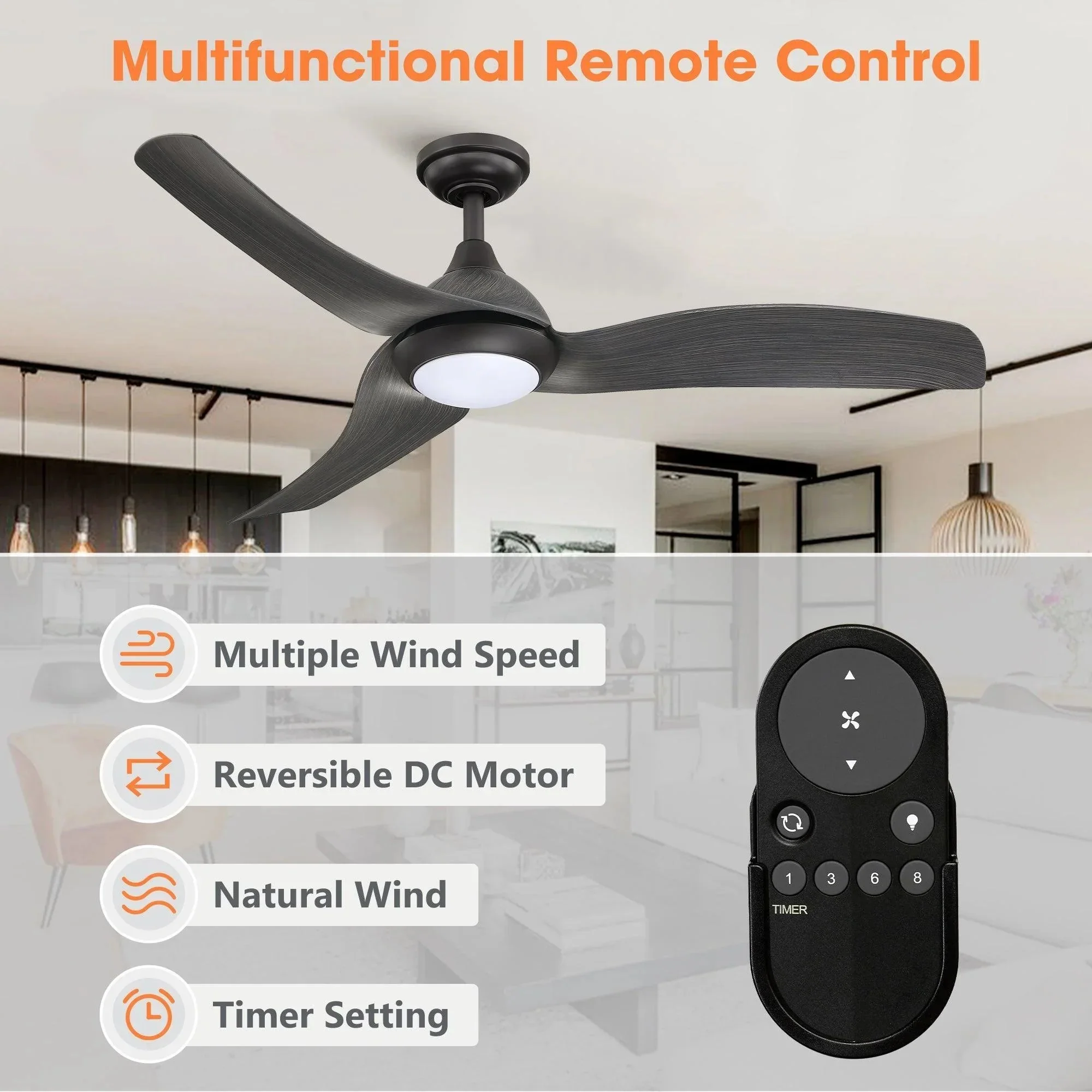 Parrot Uncle 52-Inch Industrial DC Motor Downrod Mount Reversible Ceiling Fan with LED Lighting and Remote Control - Image 9