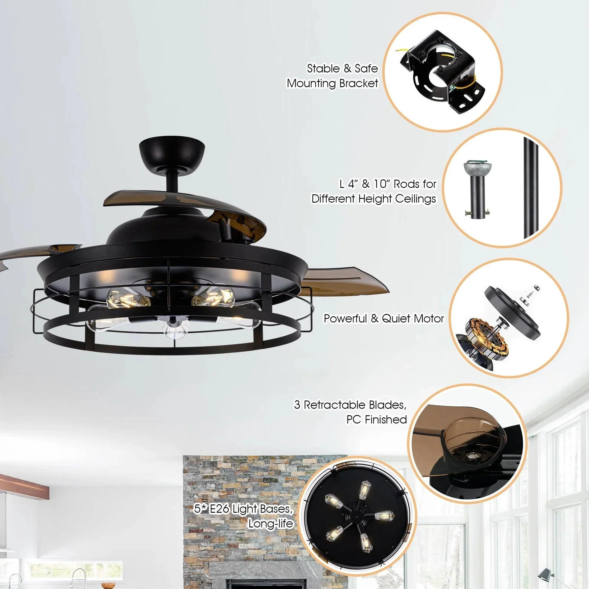 Parrot Uncle 52-Inch Jamshedpur Industrial Downrod Mount Ceiling Fan with Lighting and Remote Control (F4721AQ110V) - Image 7