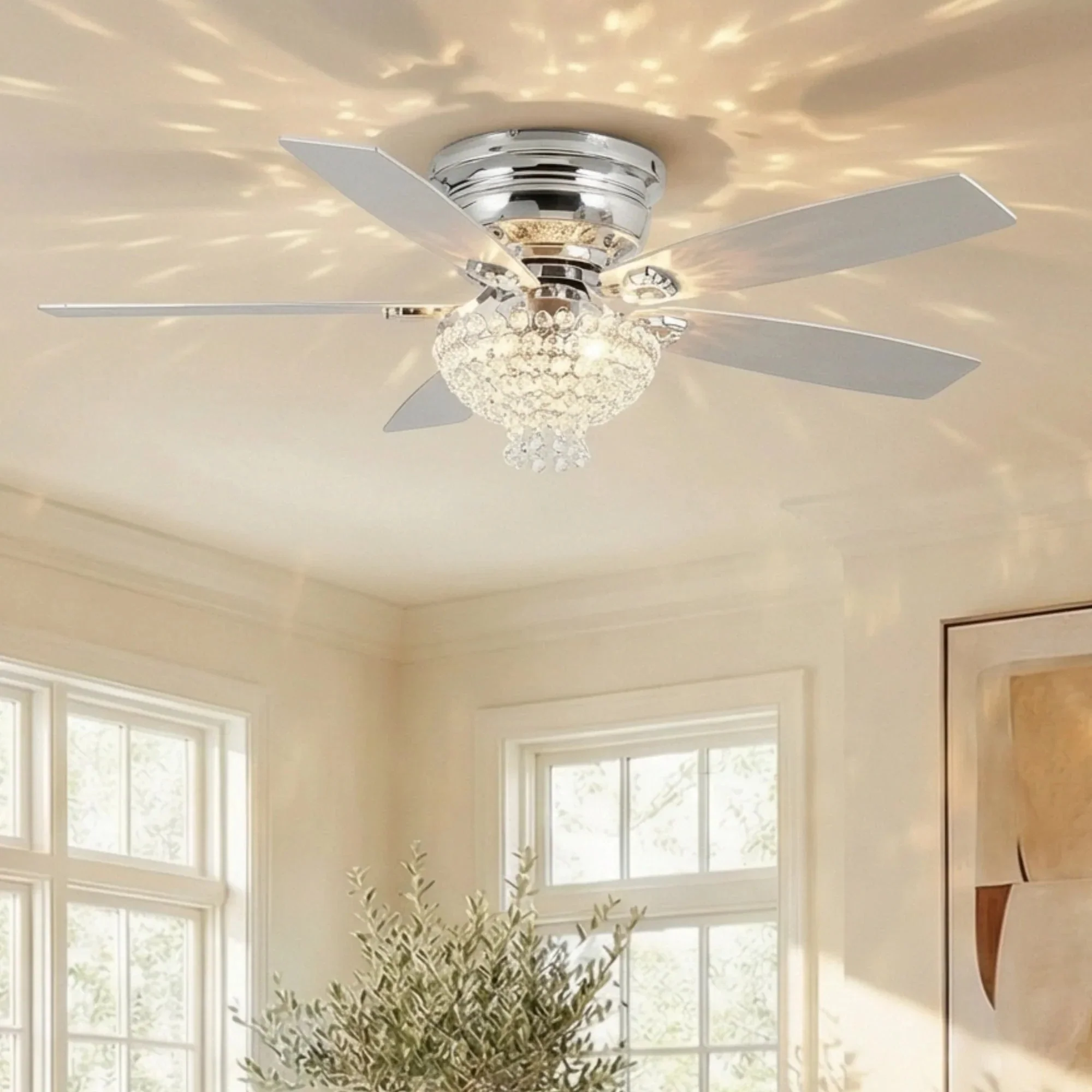 Parrot Uncle 52-Inch Kanpur Modern Chrome Flush Mount Reversible Crystal Ceiling Fan with Lighting and Remote Control (F6349Q110V) - Image 3