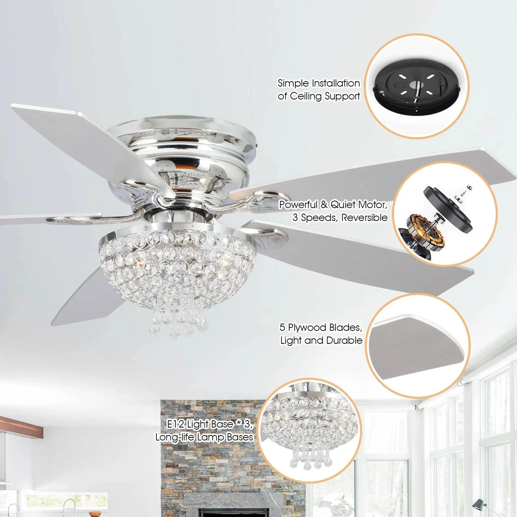 Parrot Uncle 52-Inch Kanpur Modern Chrome Flush Mount Reversible Crystal Ceiling Fan with Lighting and Remote Control (F6349Q110V) - Image 4