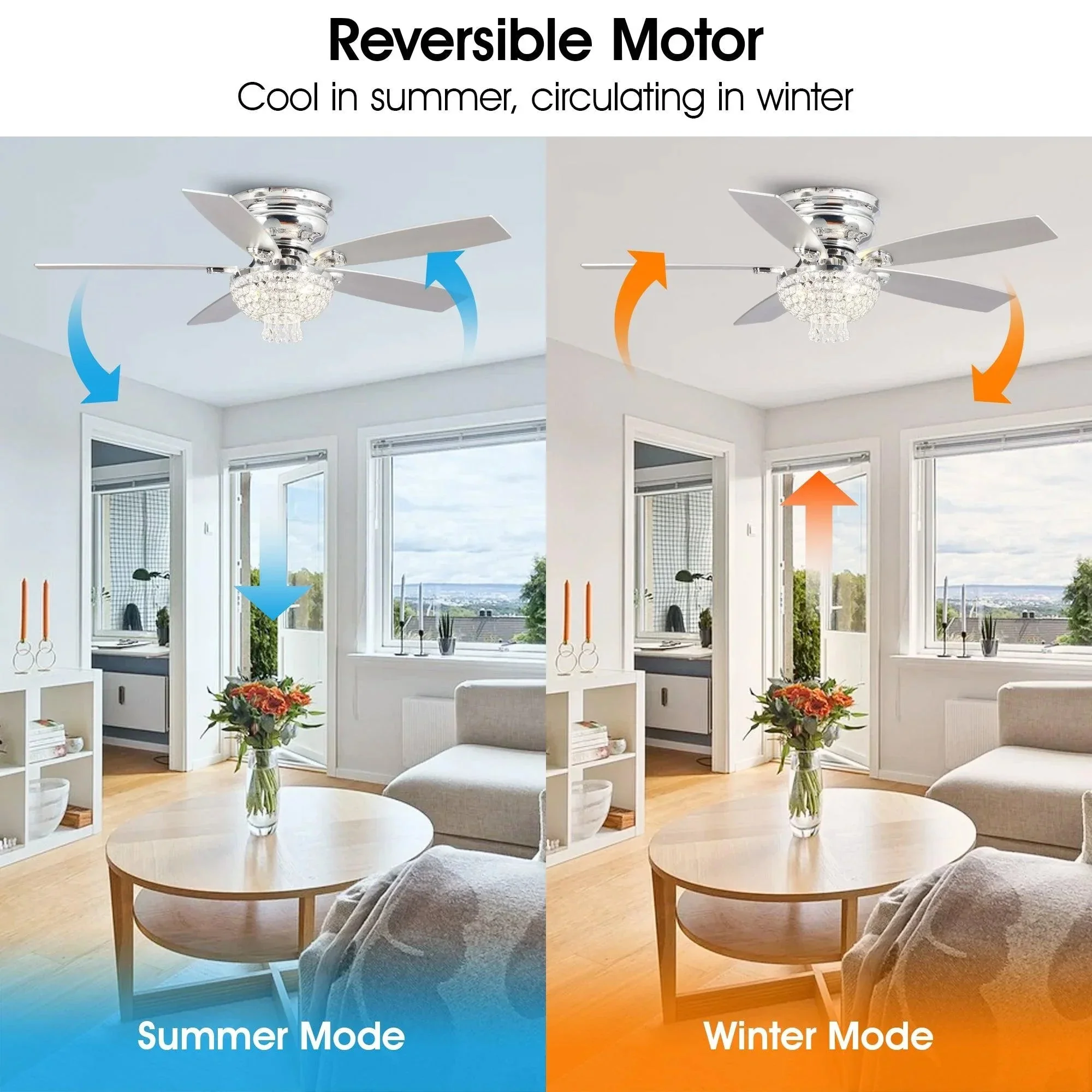 Parrot Uncle 52-Inch Kanpur Modern Chrome Flush Mount Reversible Crystal Ceiling Fan with Lighting and Remote Control (F6349Q110V) - Image 5