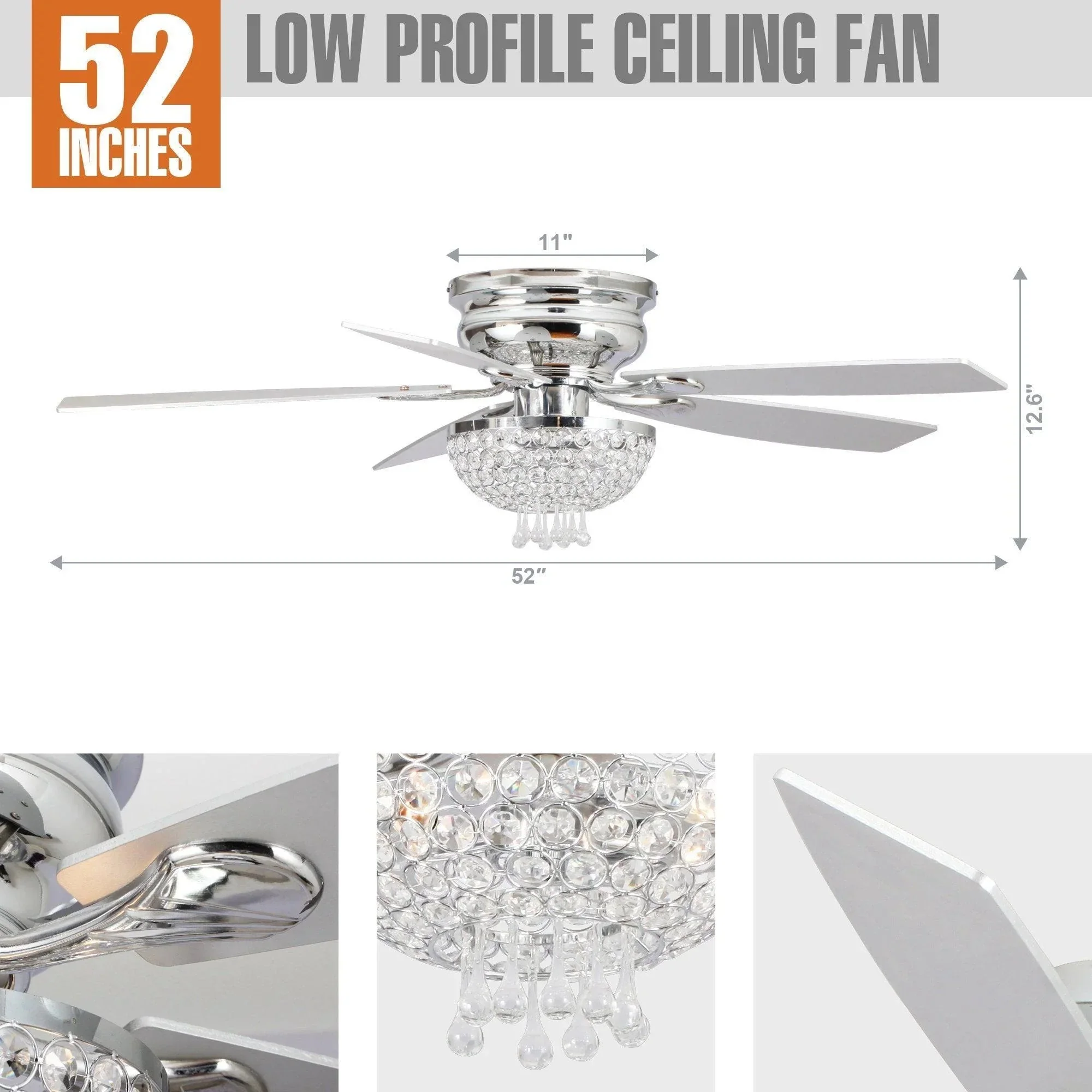 Parrot Uncle 52-Inch Kanpur Modern Chrome Flush Mount Reversible Crystal Ceiling Fan with Lighting and Remote Control (F6349Q110V) - Image 6