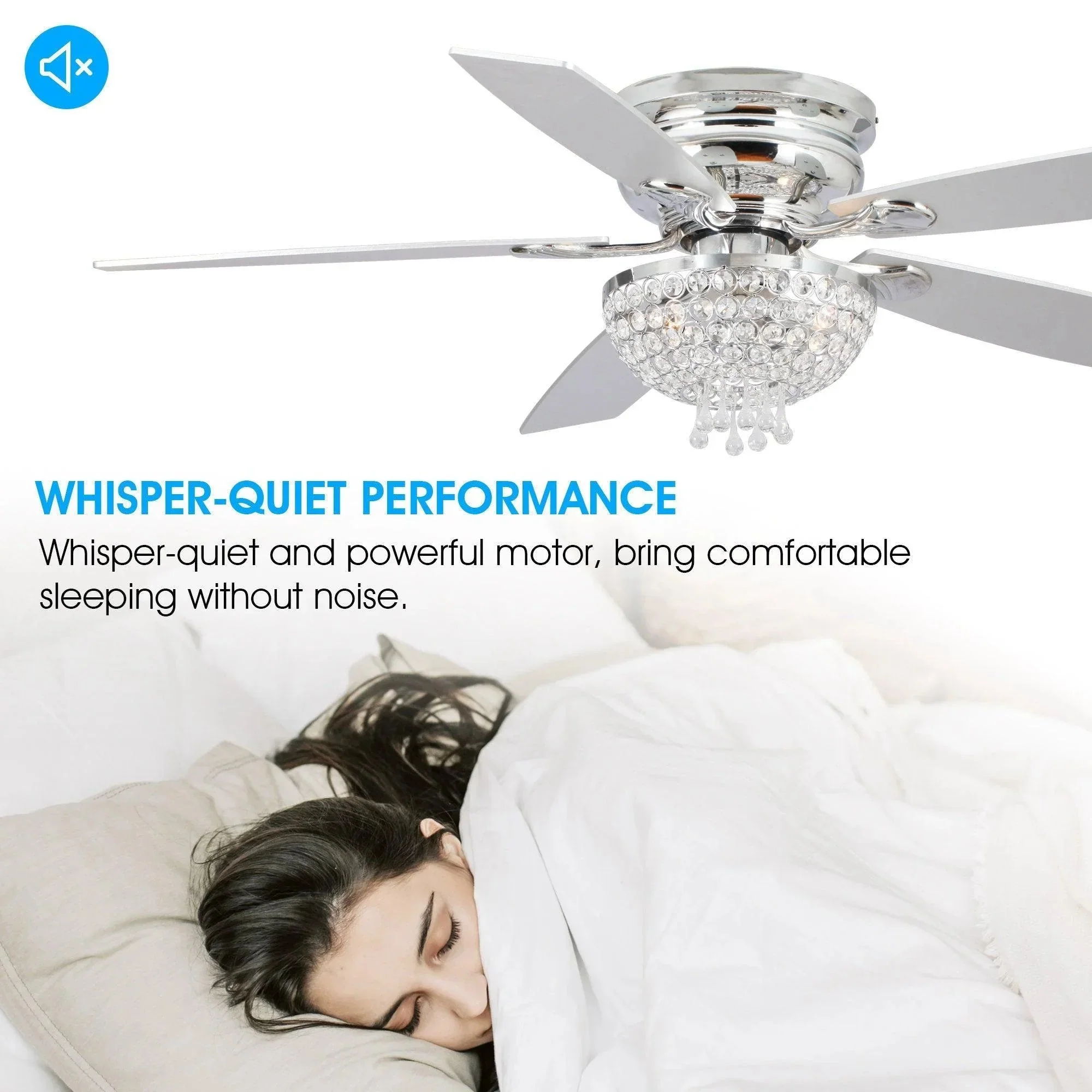 Parrot Uncle 52-Inch Kanpur Modern Chrome Flush Mount Reversible Crystal Ceiling Fan with Lighting and Remote Control (F6349Q110V) - Image 7