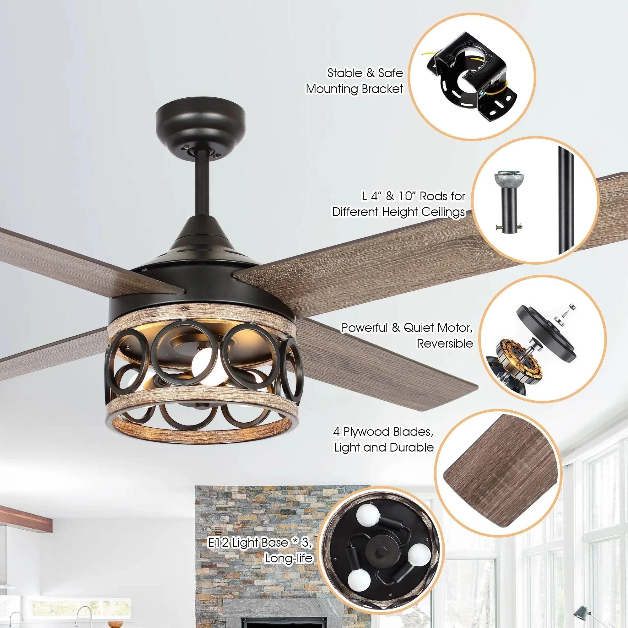 Parrot Uncle 52-Inch Kashmir Farmhouse Downrod Mount Reversible Ceiling Fan with Lighting and Remote Control (F6287QQ110V) - Image 5