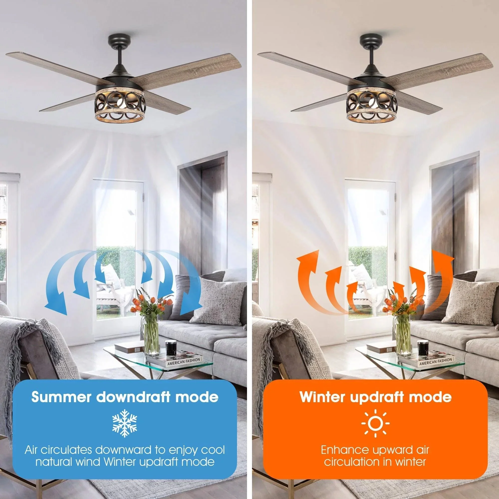 Parrot Uncle 52-Inch Kashmir Farmhouse Downrod Mount Reversible Ceiling Fan with Lighting and Remote Control (F6287QQ110V) - Image 6