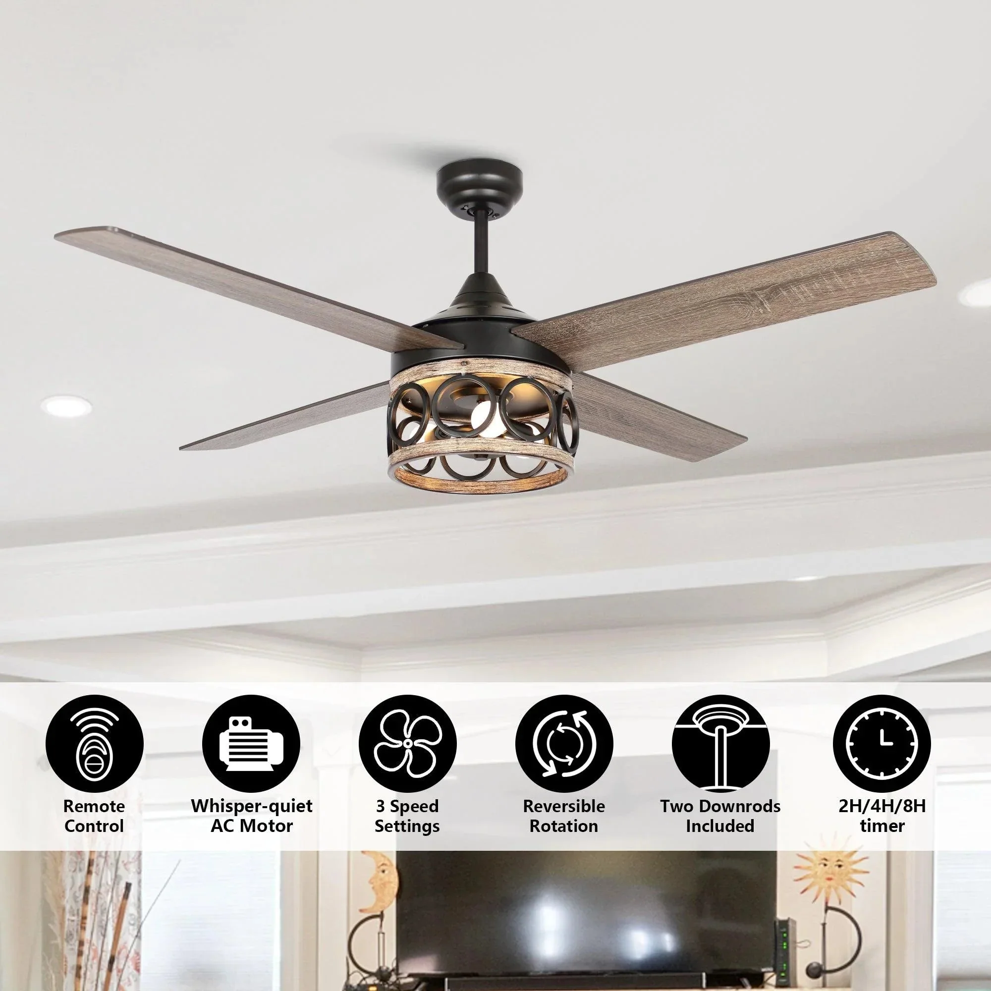 Parrot Uncle 52-Inch Kashmir Farmhouse Downrod Mount Reversible Ceiling Fan with Lighting and Remote Control (F6287QQ110V) - Image 7