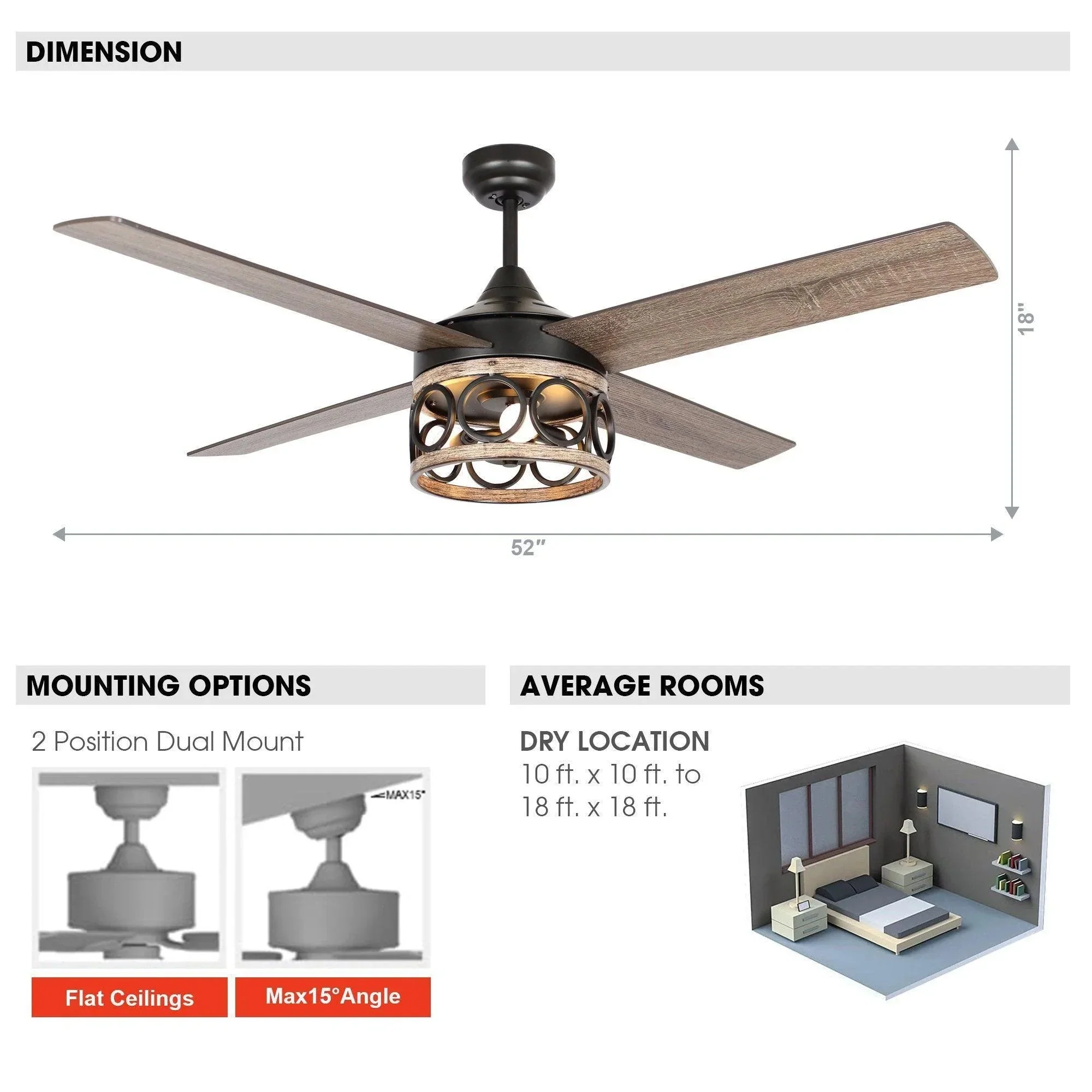 Parrot Uncle 52-Inch Kashmir Farmhouse Downrod Mount Reversible Ceiling Fan with Lighting and Remote Control (F6287QQ110V) - Image 9