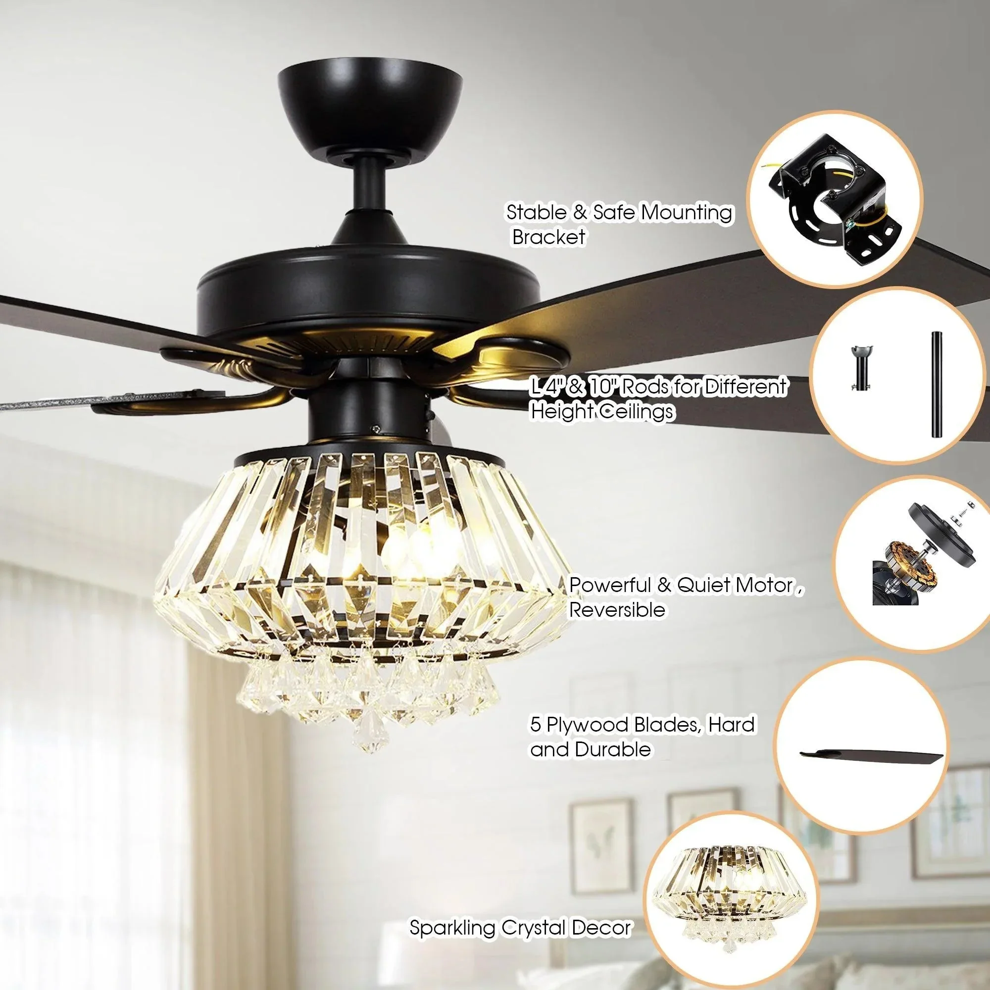 Parrot Uncle 52-Inch Kerala Modern Downrod Mount Reversible Crystal Ceiling Fan with Lighting and Remote Control - Image 15